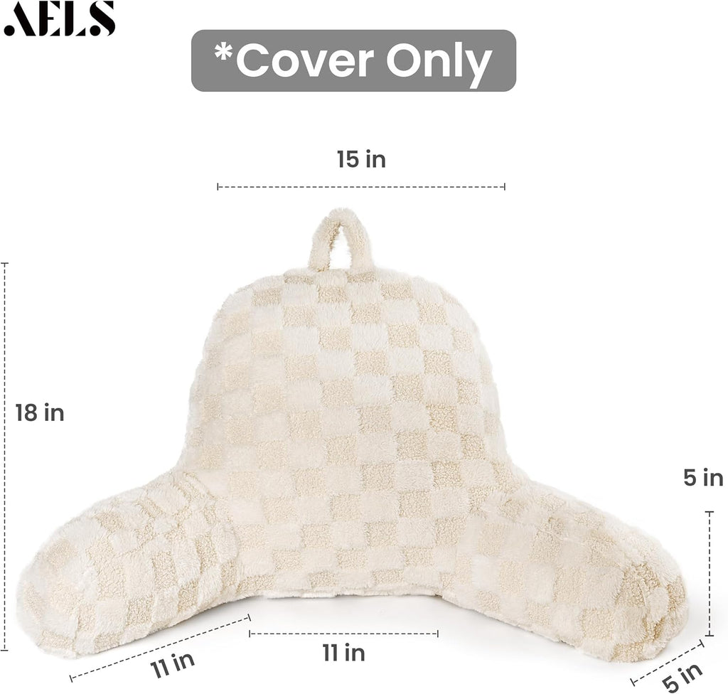 Aels Large Reading Pillow Replacement Cover with Arms and Pockets (Cover ONLY), 18" Soft Faux Fur Checkered Backrest Pillow Cover Fits Stan…