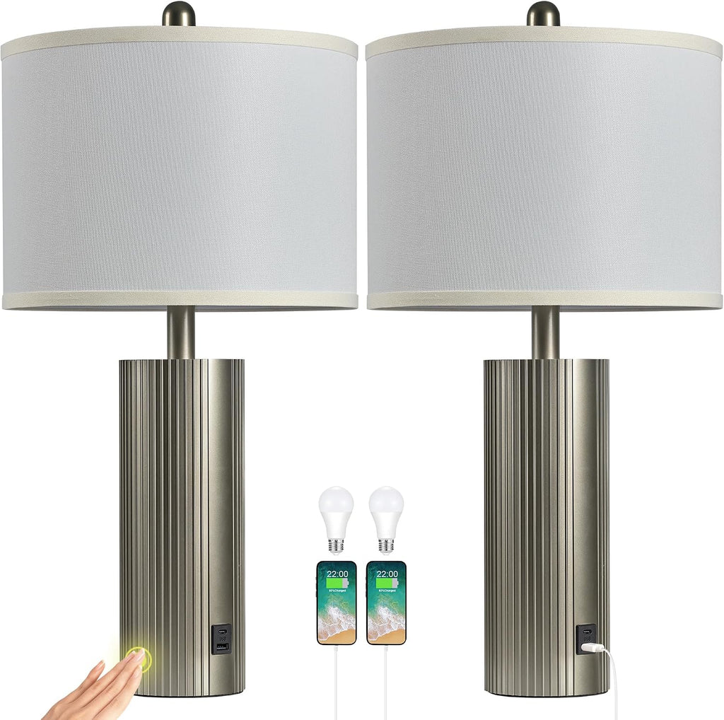 Table Lamps for Living Room Set of 2, 24.5" Modern Table Lamps for Bedroom with USB C+A Ports, Creative Stripe Touch Lamps for…