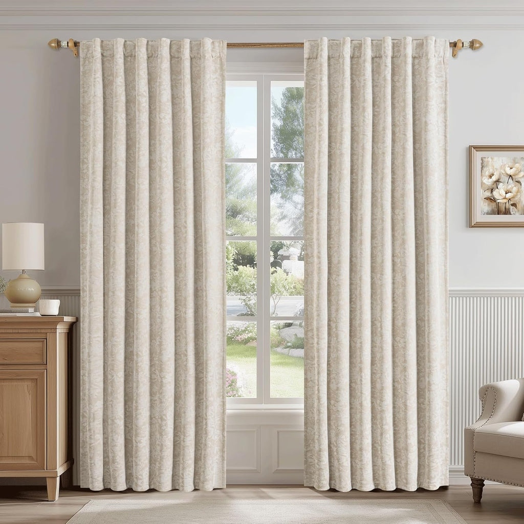 Beauoop Beige Floral Jacquard Blackout Curtains 72 Inches Long 2 Panels for Bedroom Living Room Chenille Flower Room Darkening Thermal…
