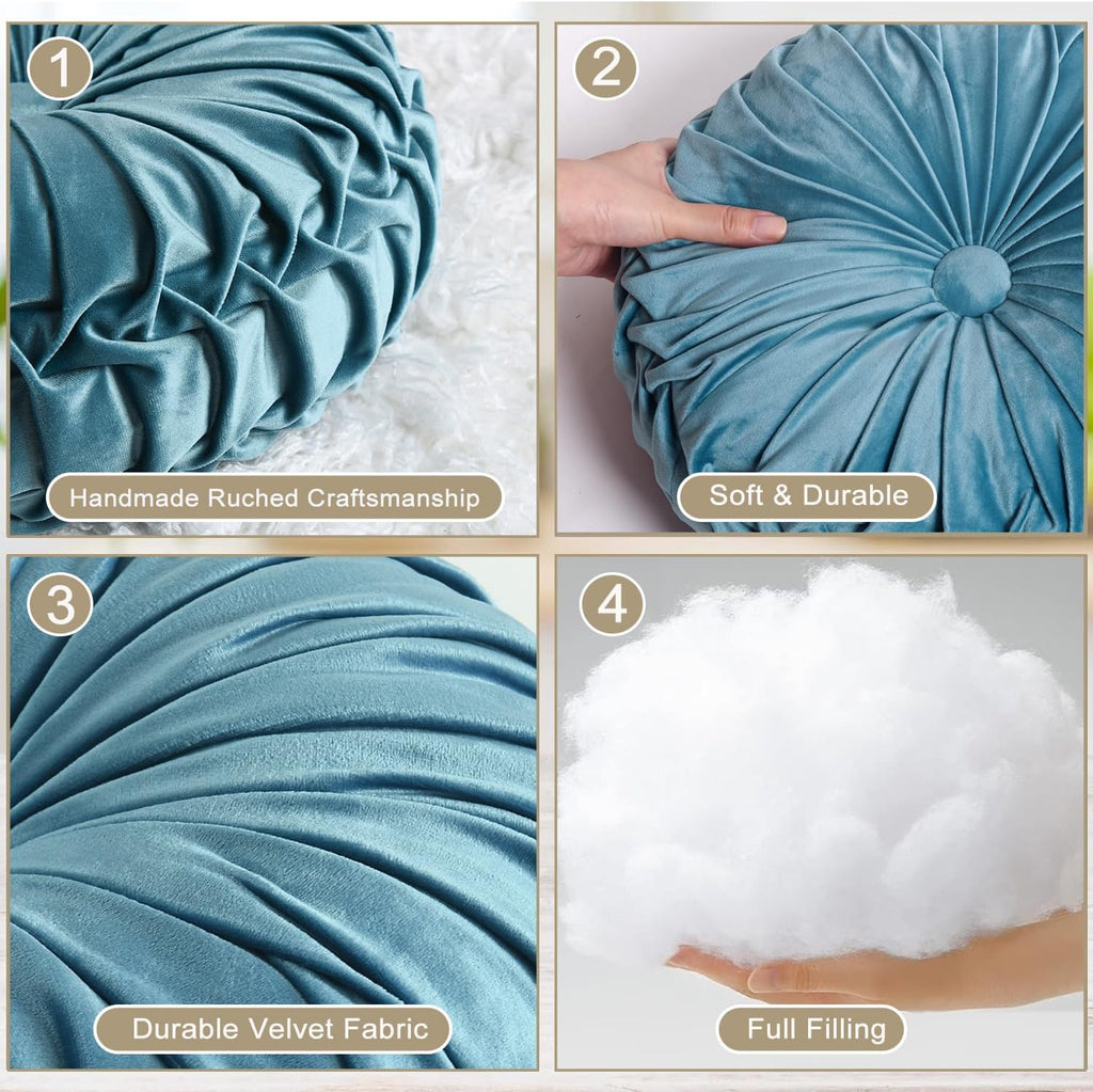 HIG Set of 2 Dusty Blue Ruched Velvet Round Throw Pillows – 14.5’’ Decorative Pillows with Soft Polyester Filling for Couch, Bed, Living…