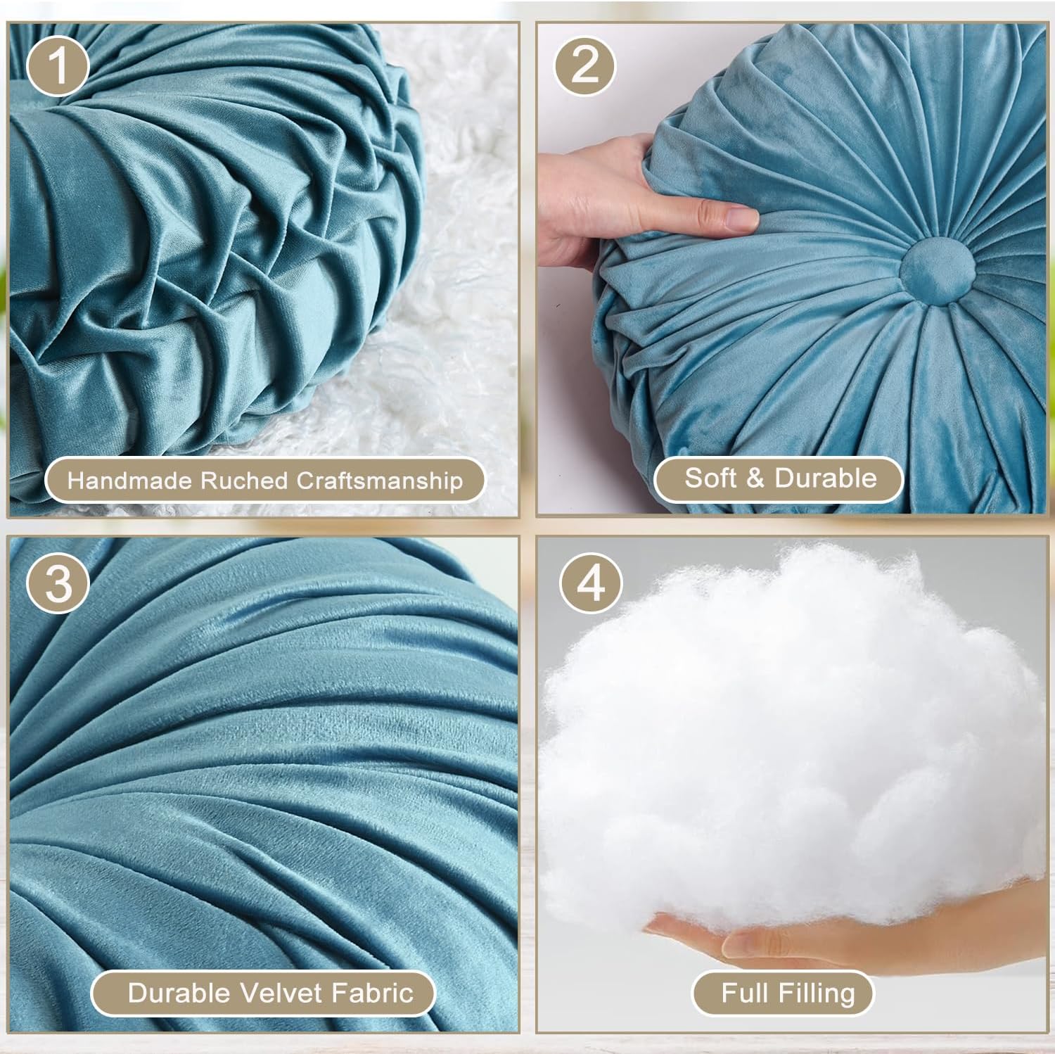 HIG Set of 2 Dusty Blue Ruched Velvet Round Throw Pillows – 14.5’’ Decorative Pillows with Soft Polyester Filling for Couch, Bed, Living…