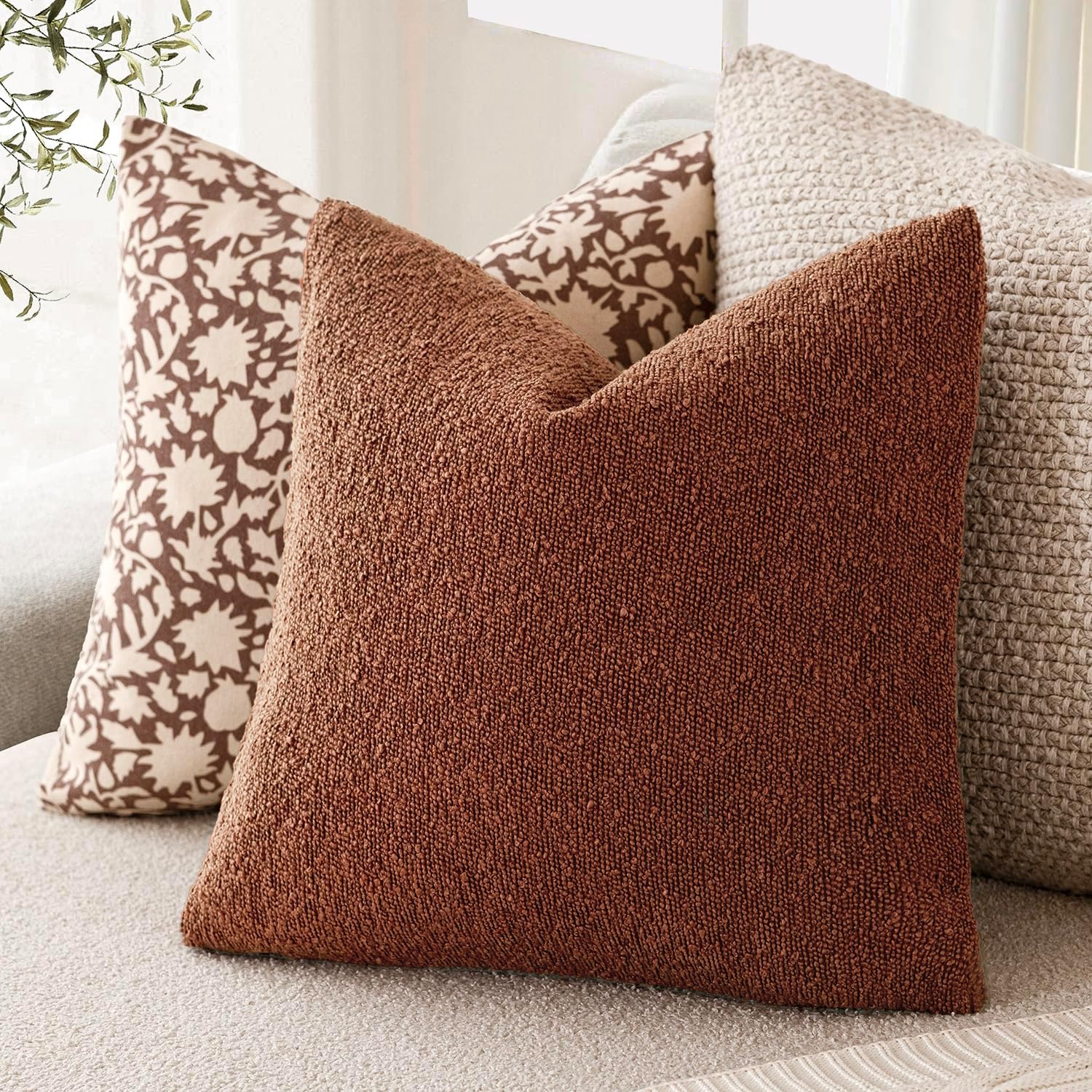Foindtower Decorative Textured Boucle Throw Pillow Covers Accent Solid Pillow Cases Neutral Soft Cozy Couch Cushion Case for Chair Sofa…