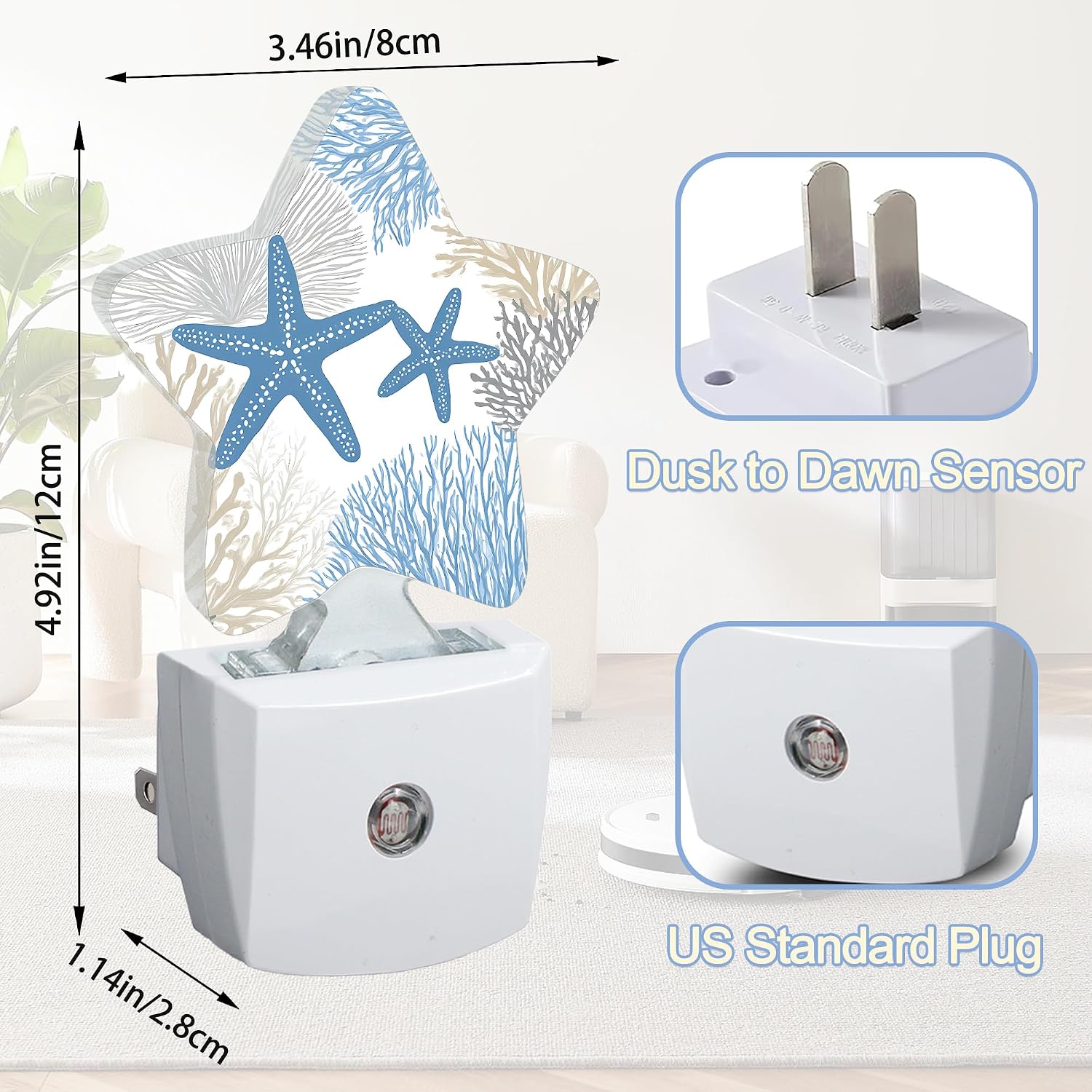 Snowmolle Ocean Starfish Coral Night Light, Coastal Beach Plug-in Star Night Lights with Dusk-to-Dawn Sensor for Bedroom, Bathroom, Living Roo…