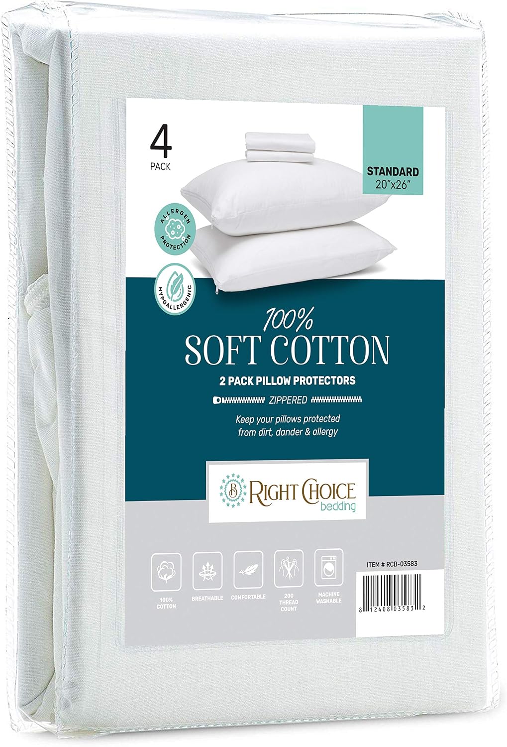 Right Choice Bedding Cotton Pillow Protectors with Zipper. Standard Size 20x26 (Set of 4) Cotton White