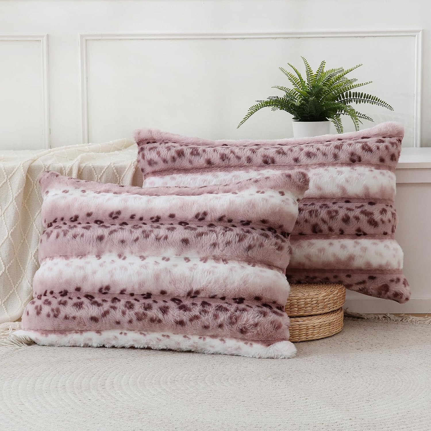 Chumerry Fuzzy Faux Fur Pillow Case Plush Shaggy Pillow Cover Plaid Check Texture Extra Soft Fluffy Faux Rabbit Fur Fabric Decorative Pillo…