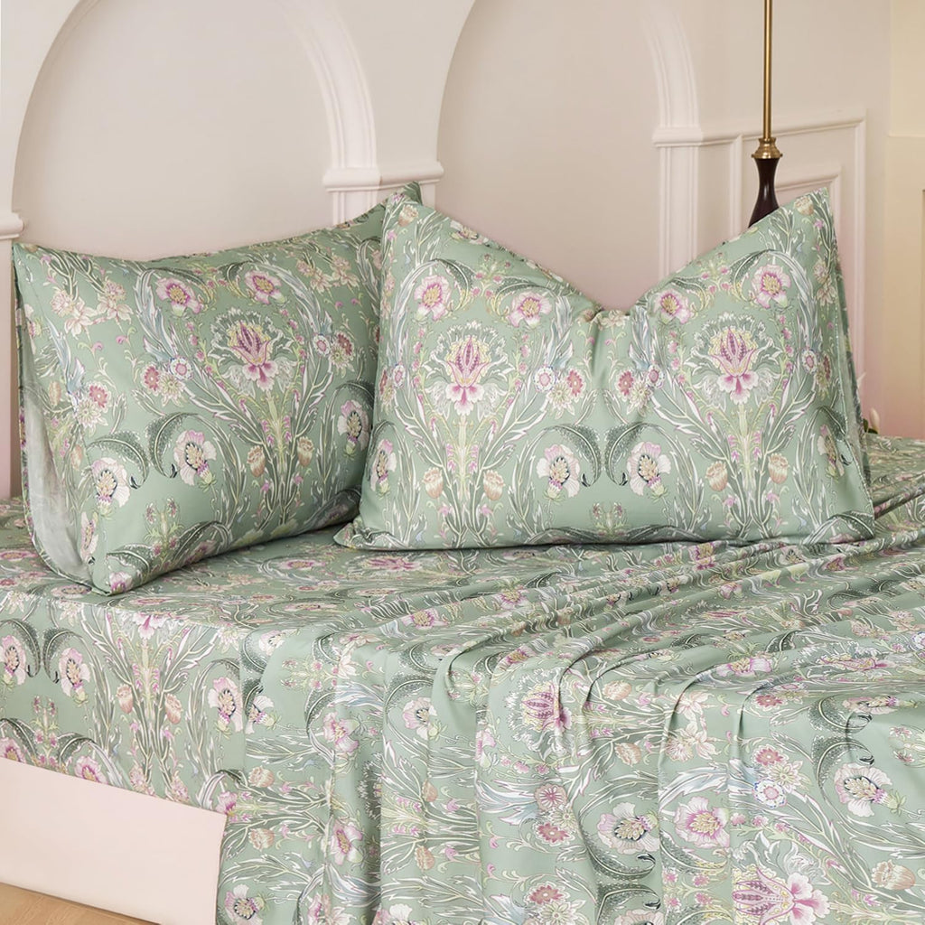 Softtouchsweetdreams Boho Sheets Silky Green Floral Bed Sheet Set Queen Size 100% Cotton Satin Weave Botanical Leaf Printed Cooling Sheets…