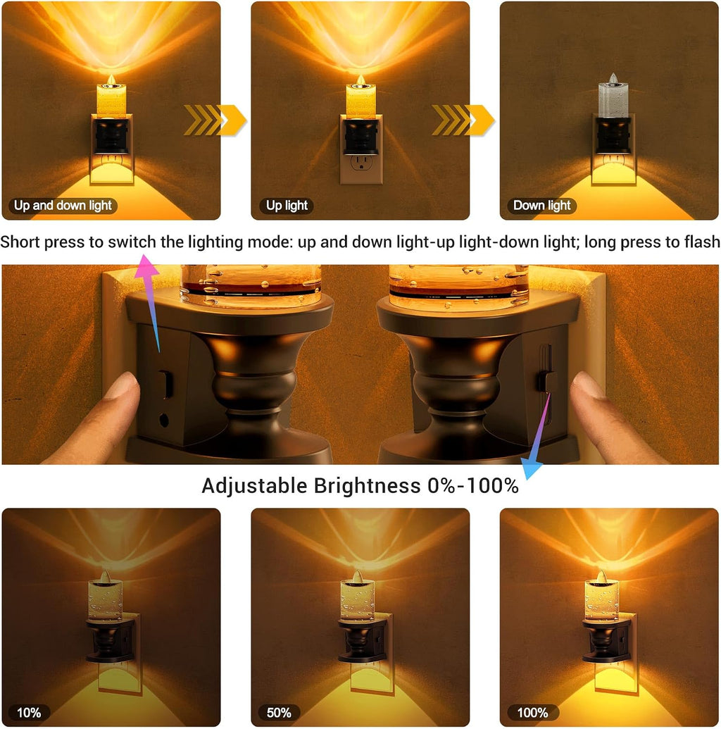 JandCase Night Light, Candle Amber Night Lights Plug into Wall 2 Pack, Flameless Flickering Candle Nightlight, 0-100LM Dimmable LED…