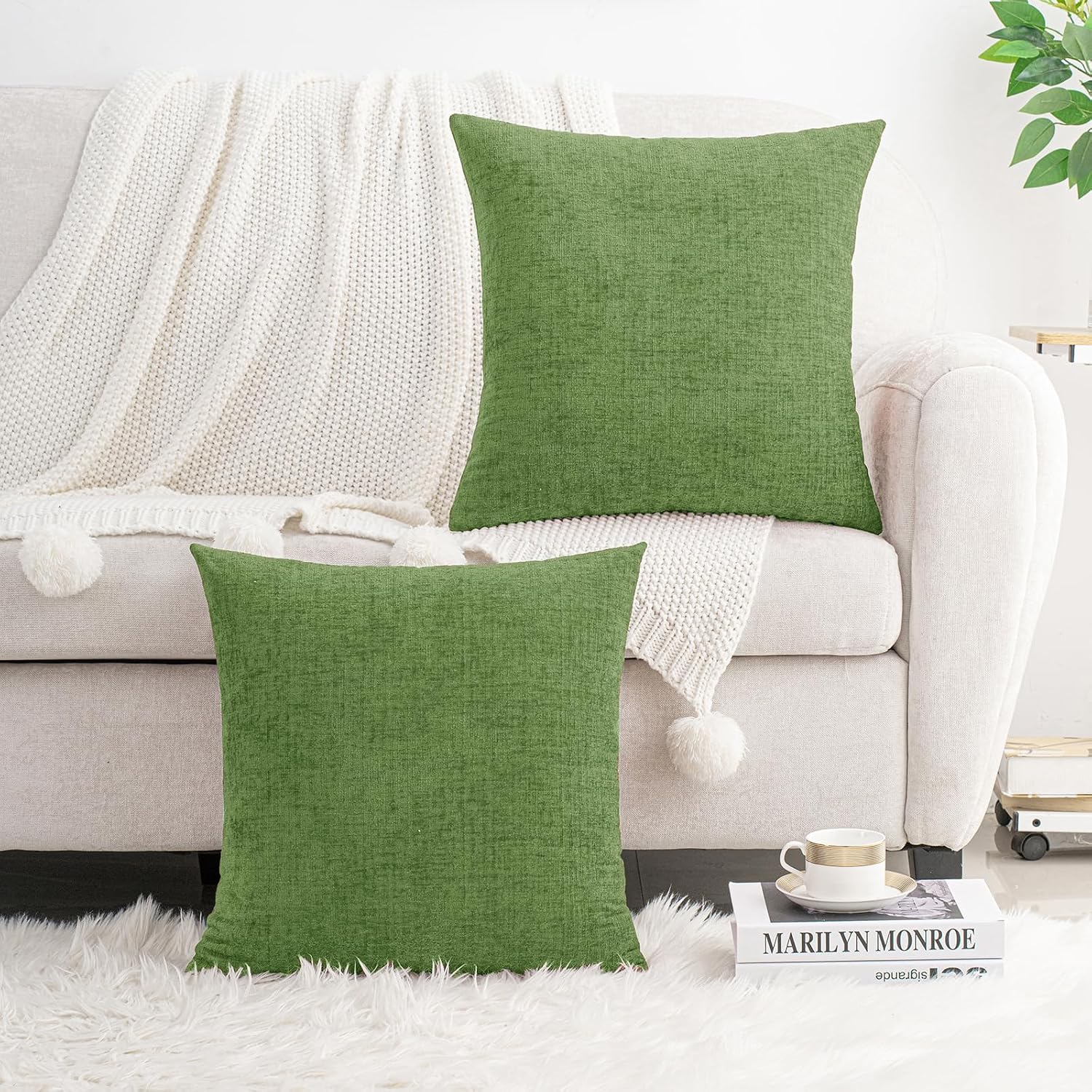 Hwy50 HWY 50 Forest Green Couch Pillow Covers 18x18 Inch Pack of 2, Soft Chenille Decorative Throw Pillow Cases Farmhouse for Spring Sofa L…