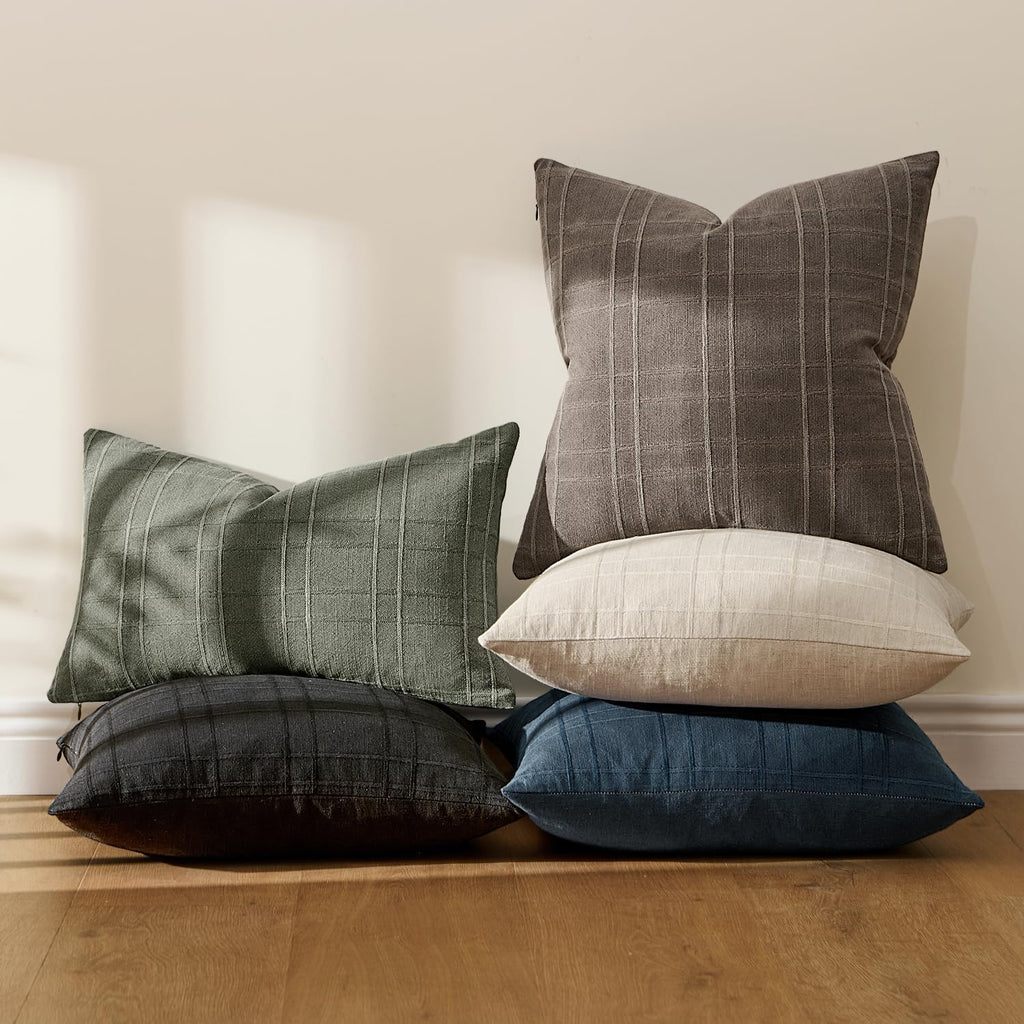 Miulee Decorative Linen Check Throw Pillow Covers Neutral Farmhouse Vintage Pillow Covers 20x20 Set of 2 Boho Modern Winter Home Decor for…