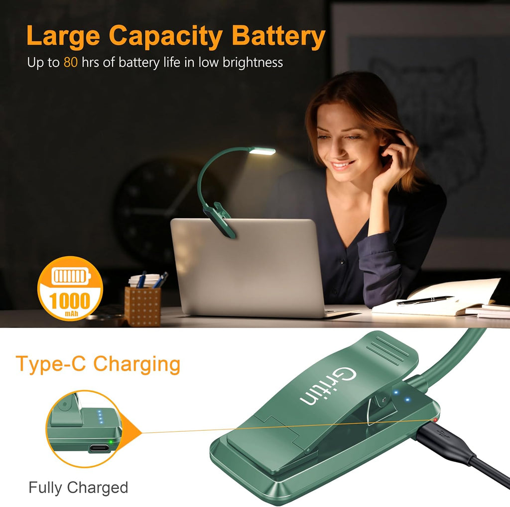 Gritin 9 LED Rechargeable Book Light for Reading in Bed - Eye Caring 3 Color Temperatures, Stepless Dimming Brightness,80 Hrs Runtime…