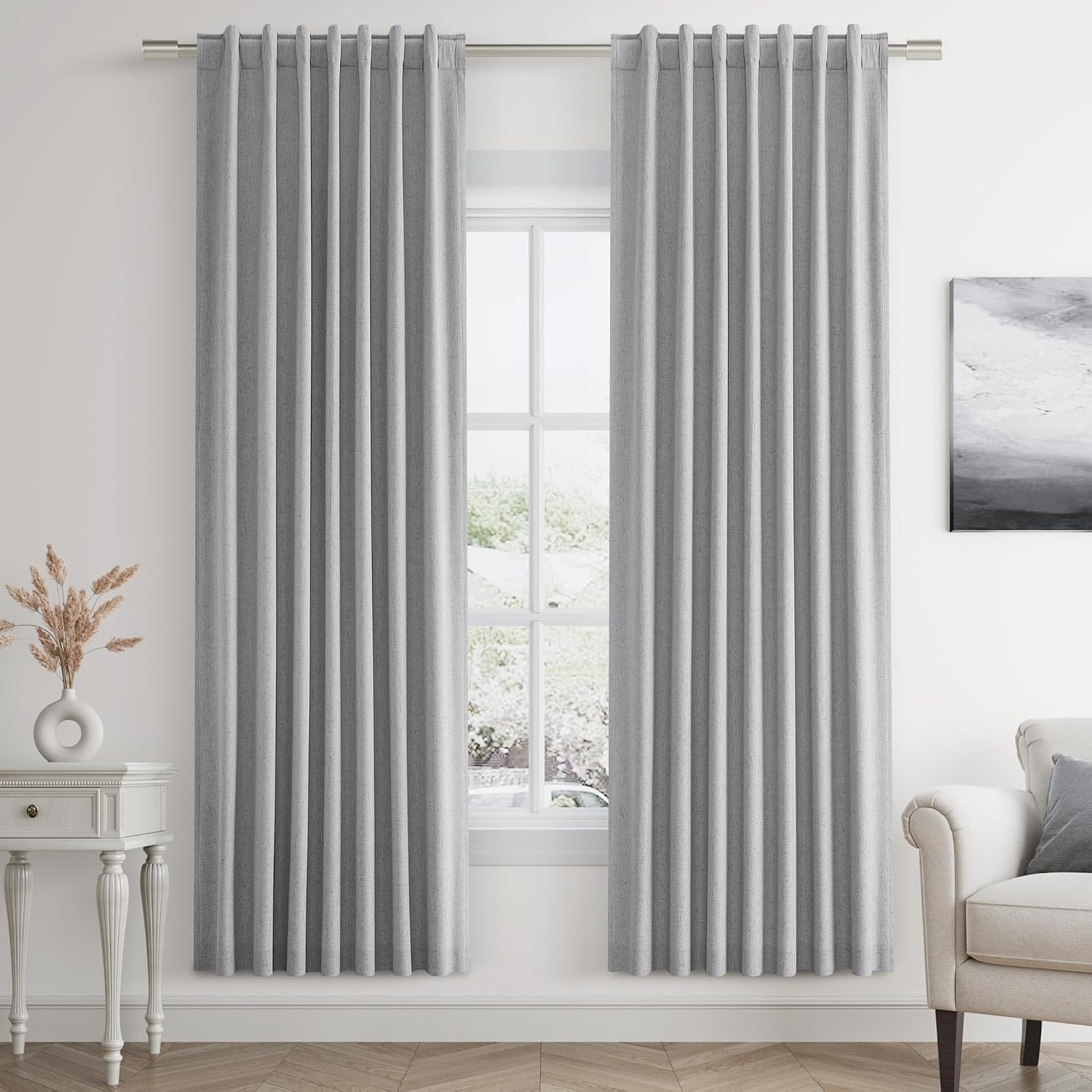 Guken Grey 100% Blackout Curtains 72 Inch Length 2 Panels Set for Living Room Bedroom Back Tab Thermal Insulated Black Out Linen Drapes Roo…