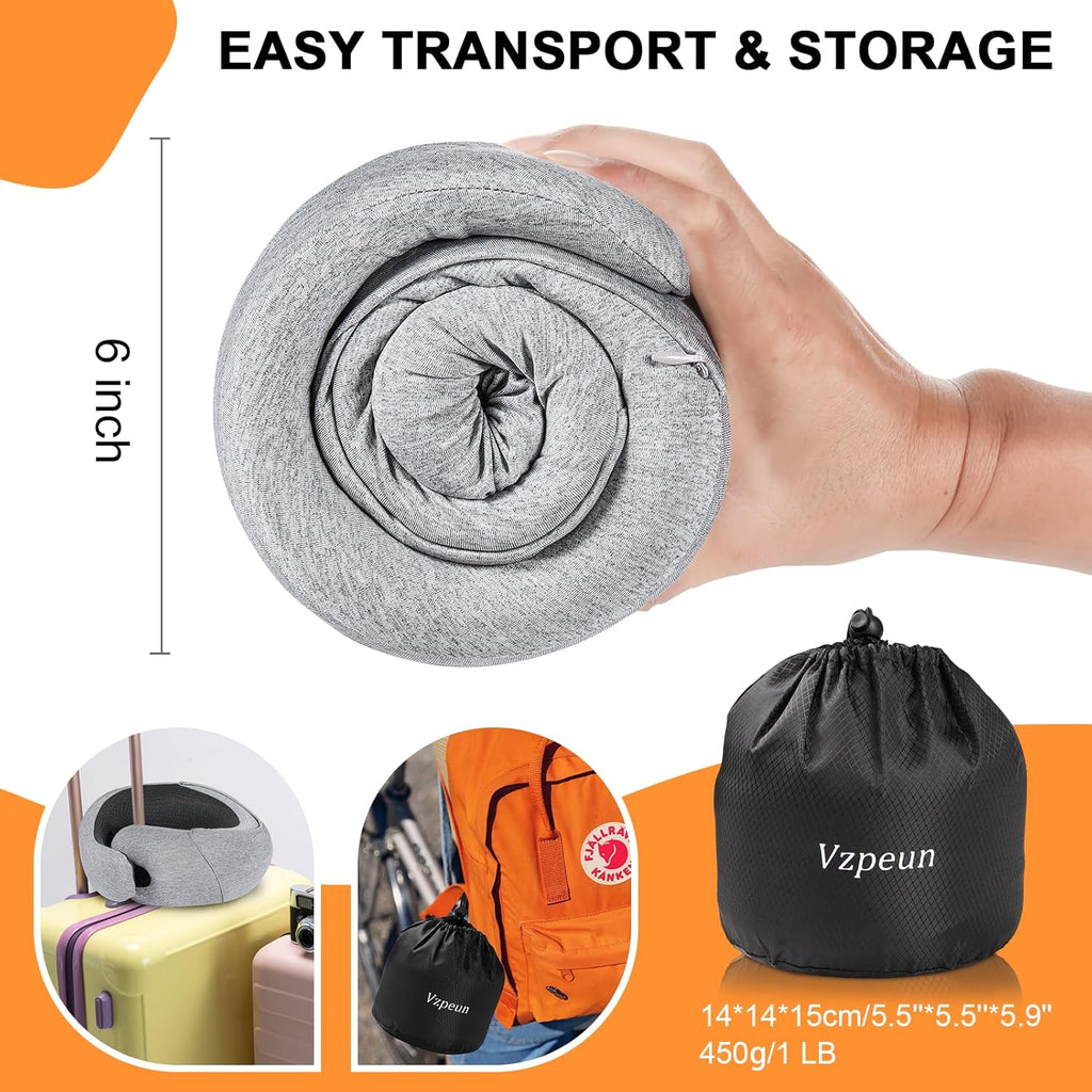 Vzpeun Travel Pillow - Hooded Neck Pillow Airplane Memory Foam Filling for Plane, Cars Sleeping, Road Trip, Long Flights, Airplane Travel E…