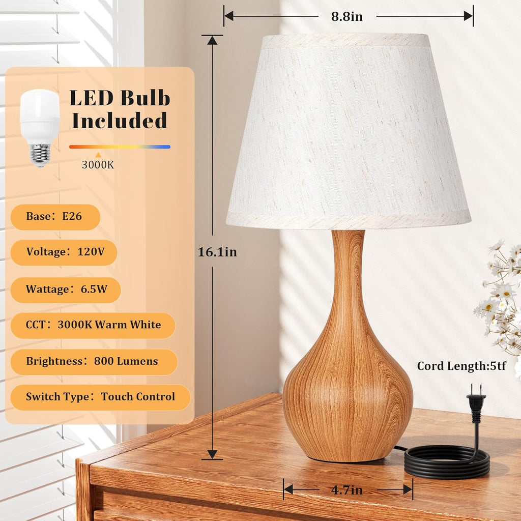 Seealle Touch Table Lamp for Bedroom, 3-Way Dimmable Small Bedside Lamps for Night Stands with Wires, Wood Desk Lamp for Kids Room…