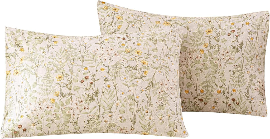 ECOCOTT Floral Pillowcases Standard Size 2 Pack, 100% Washed Cotton Pillow Cases with Envelope Closure, Green Botanical Wildflower…