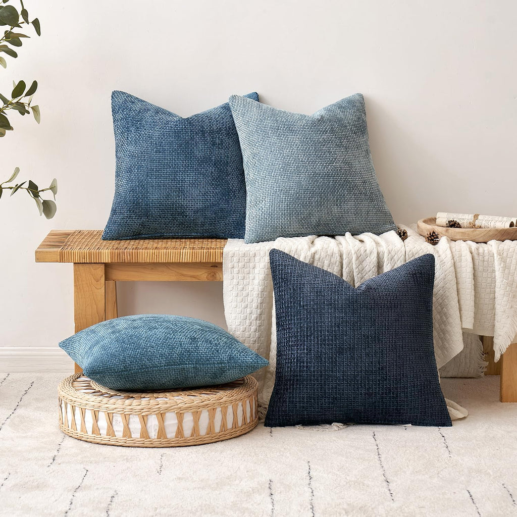 Miulee Pack of 2 Coastal Blue Euro Sham Pillow Covers 24x24 Inch Summer Modern Boho Accent Decorative Throw Pillow Covers Chenille Farmhous…