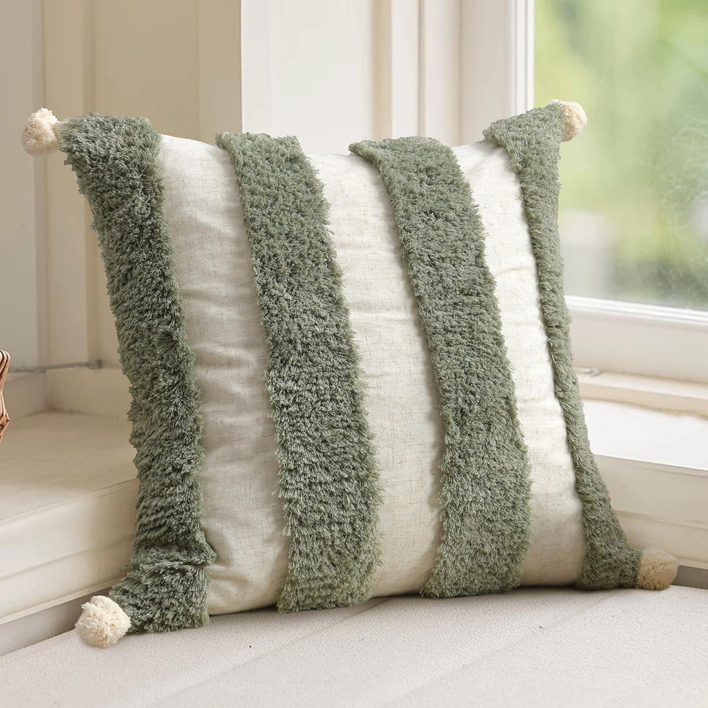 Loopuinhom Boho Pillow Covers 18X18 Inch Boho Tufted Linen Throw Pillow Covers Decorative Pompoms Cushion Cover Farmhouse Pillow Case for C…