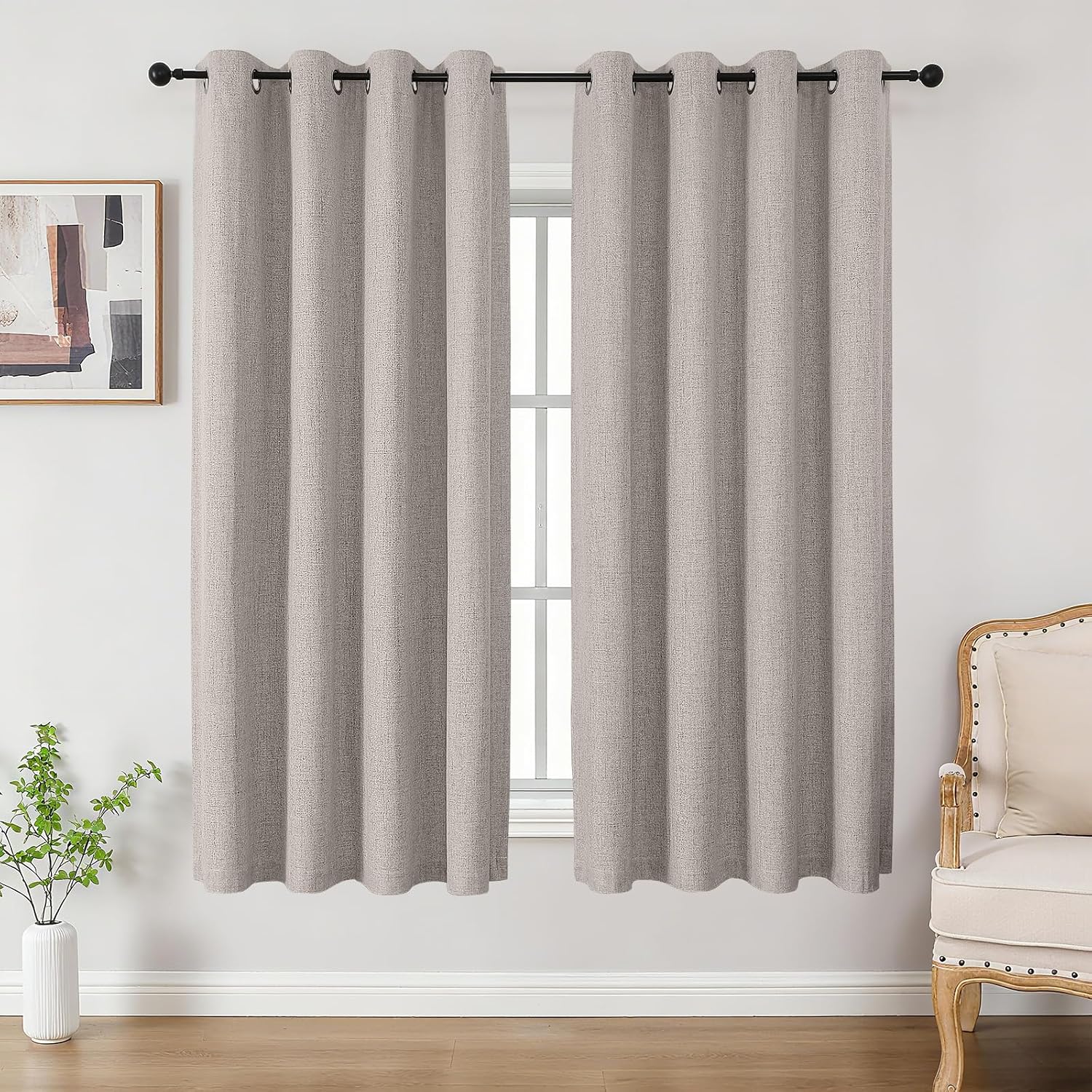 Cucraf 100% Blackout Curtains 54 inches Length 2 Panels Set, Room Darkening Linen Textured Curtain Grommet for Bedroom Living Room, Light B…