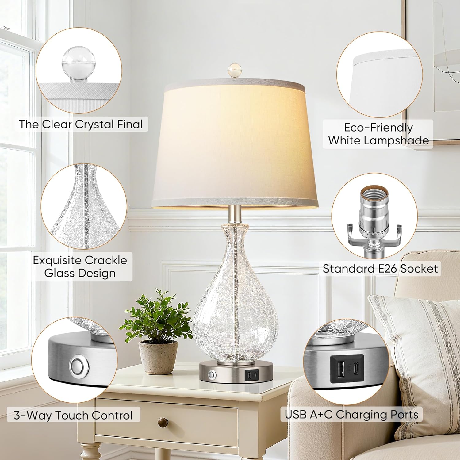 QiMH Glass Table Lamps for Living Room, Bedside Lamps Set of 2 with USB A+C Charging Ports, 3 Way Dimmable Touch Lamps for Nightstand…