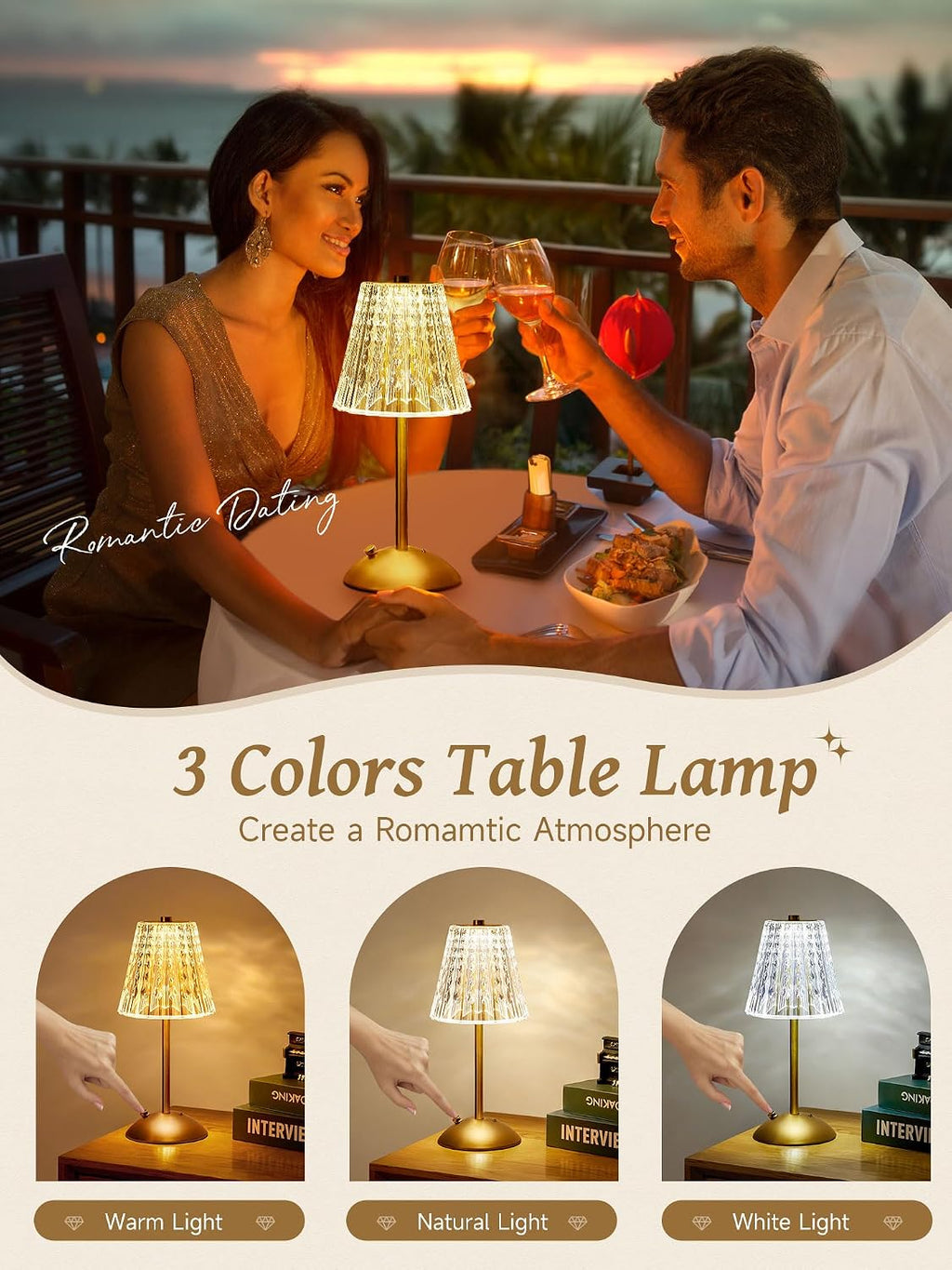 Upgraded Nightstand Lamps Set of 2, 3 Colors Dimmable Crystal Table Lamp Gold Lamp, Touch Lamp Bedroom Lamps, Rechargeable Small Lamp…