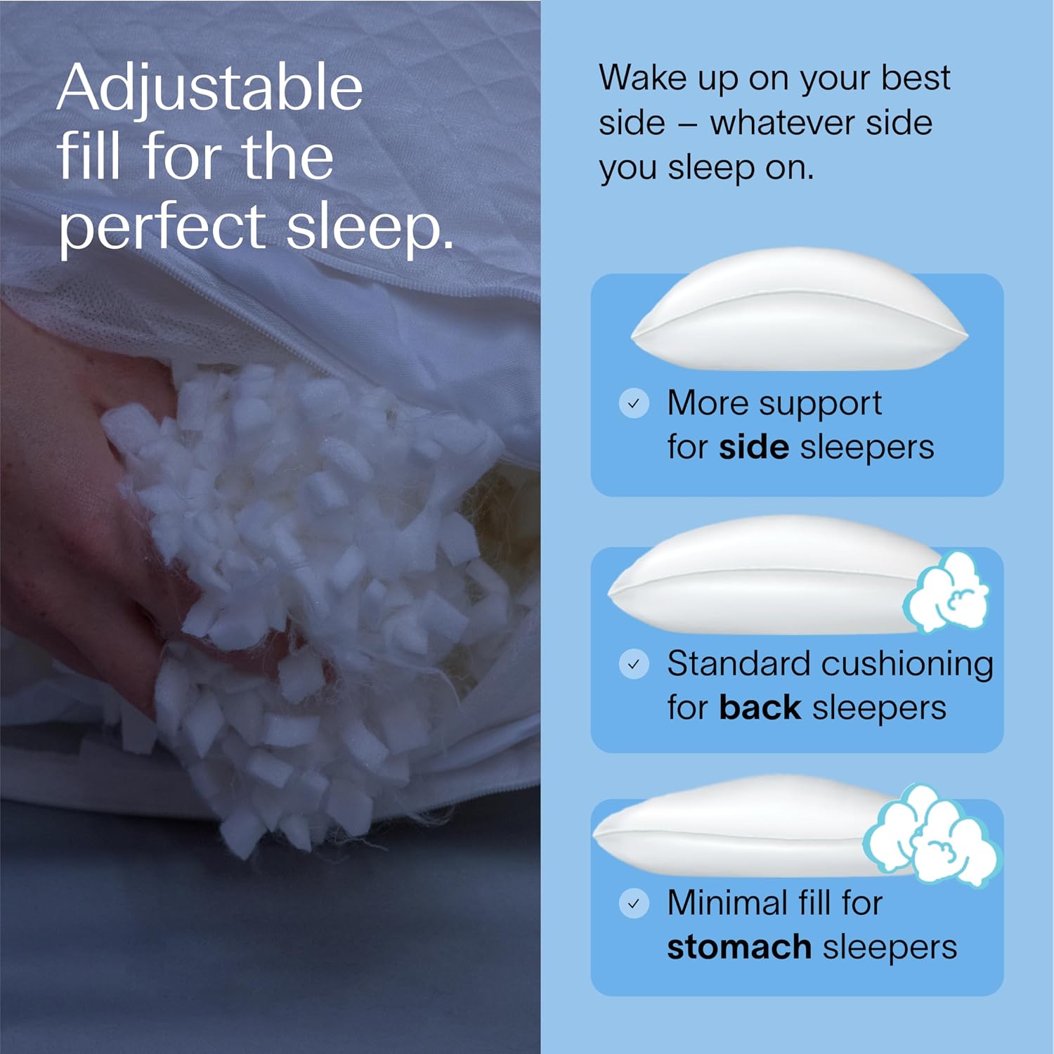 DreamyBlue Moon Pillow • Adjustable Loft, Luxury Cover, Shredded Memory Foam • for Back, Side and Combination Sleepers • Neutral Alignment…