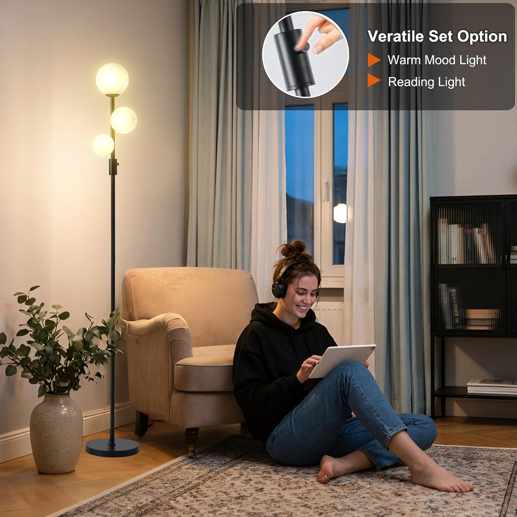 Fiqevs Upgraded Dimmable 3 Globe Mid Century Modern Floor Lamp, 3 x 3000K Warm Light LED Bulbs Included, Matt Black Standing Lamp with…