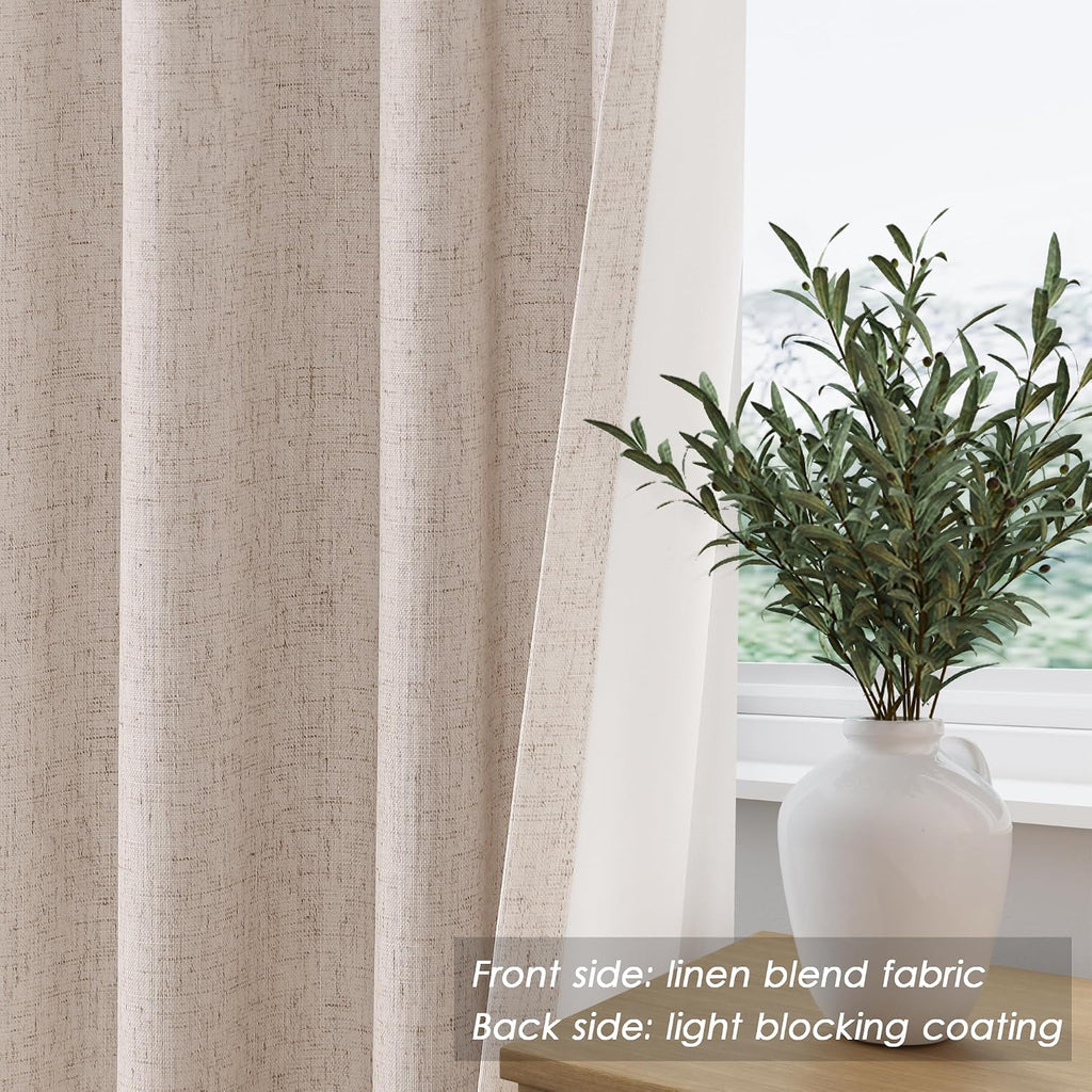 Nanspring Oatmeal 100% Blackout Linen Curtains for Bedroom 120 Inches Long Back Tab Thermal Insulated Modern Farmhouse Decor Black Out Curt…