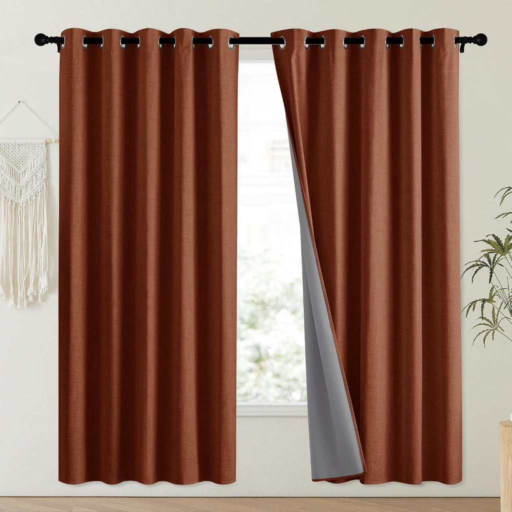 NICETOWN 100% Absolutely Blackout Linen Curtains with Thermal Insulated Liner, 62" Wide, 2 Panels, 72" Long Drapes, Grommet Retro Burnt…
