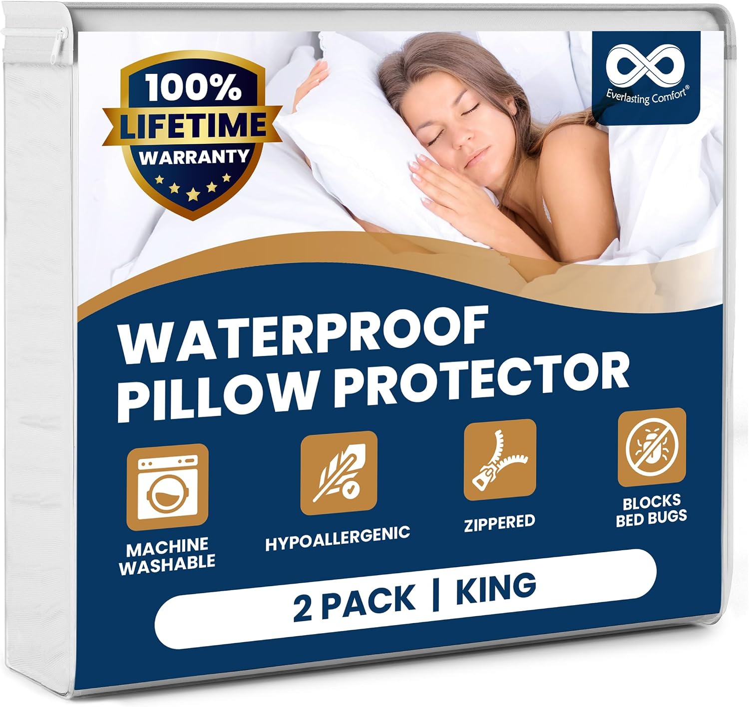 EverlastingComfort 100% Stain Resistant & Waterproof King Size Pillow Protectors with Zipper Set of 2 - Bed Bug & Dust Mite Proof White Pil…