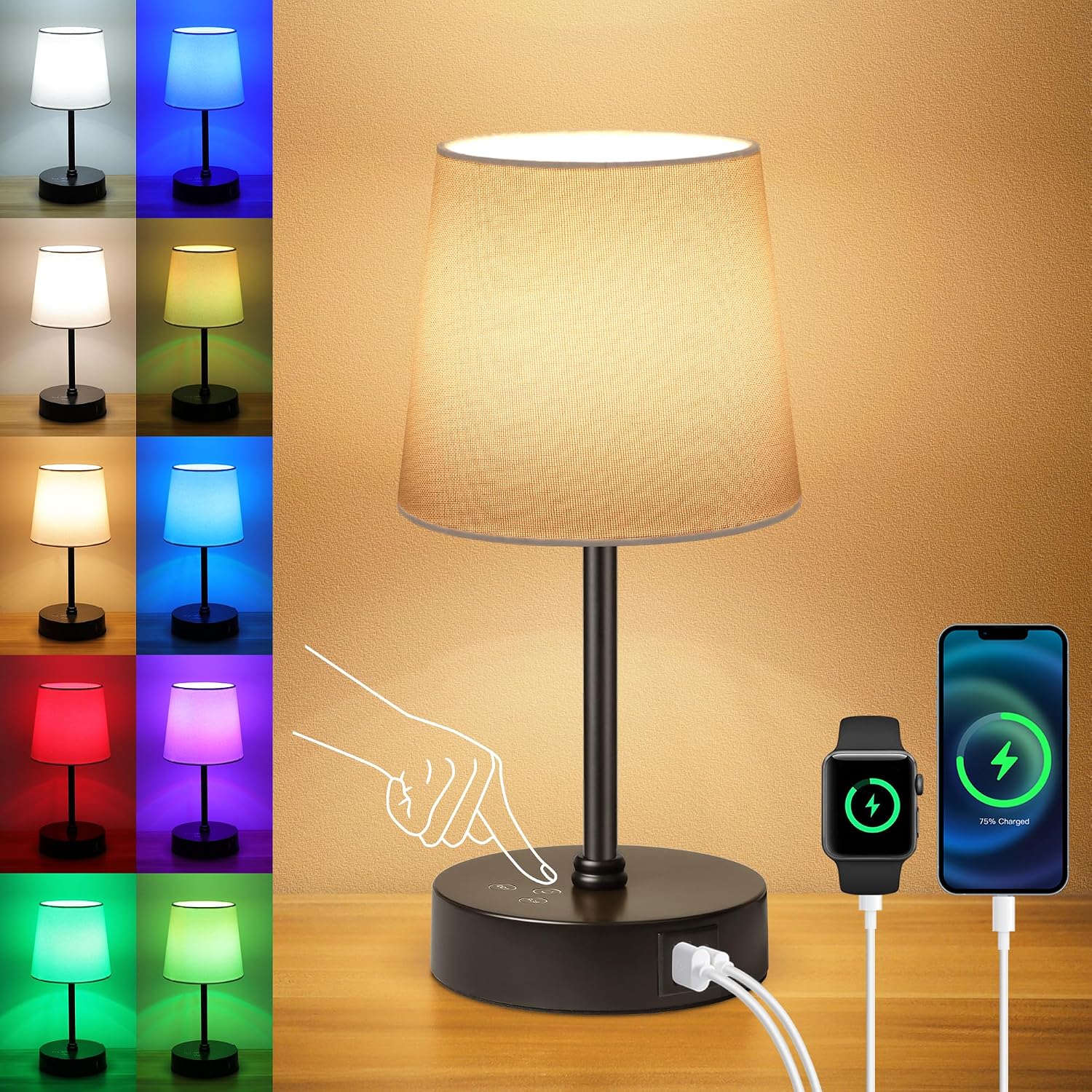 Ascher Small Bedside Table lamp, RGB Color Changing Lamps, 3 Color Temperatures, Dimmable Nightstand Lamp with USB C+A Ports, Touch Desk…