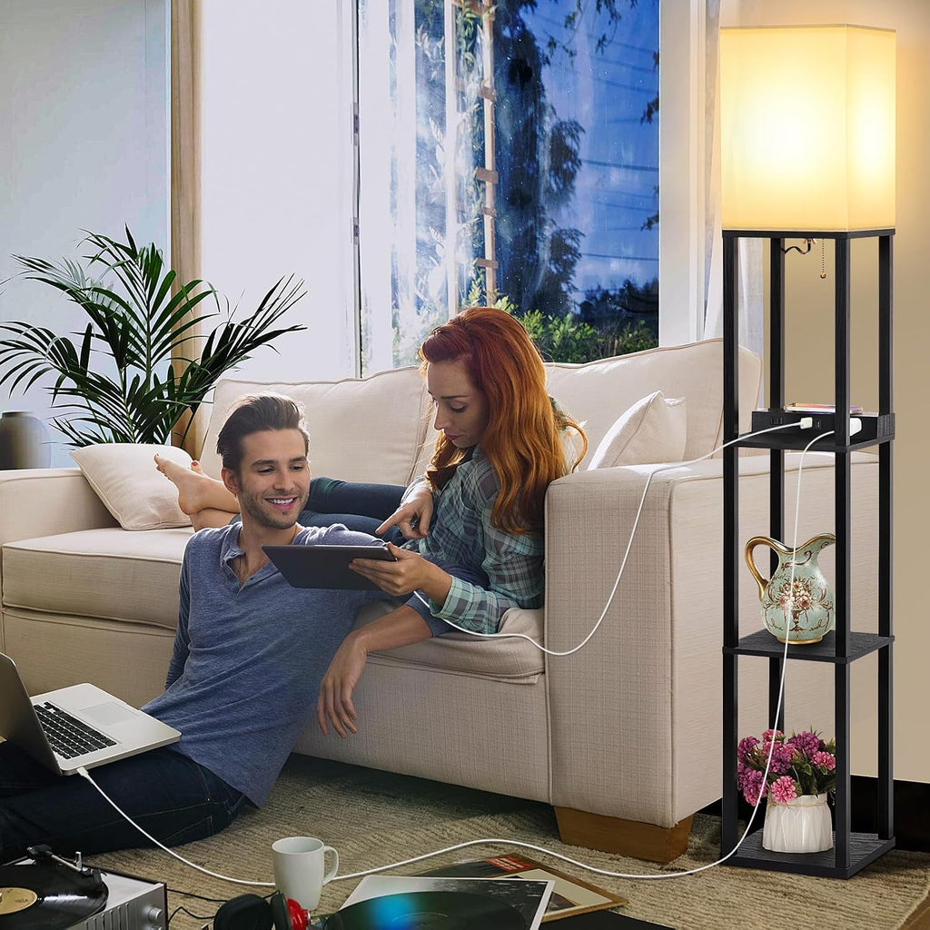 Mlambert Modern Shelf Floor Lamp with Wireless Charger & Fast Charging USB Ports & Type C Port & 2 Power Outlets,3 Tier Storage Lamp for…