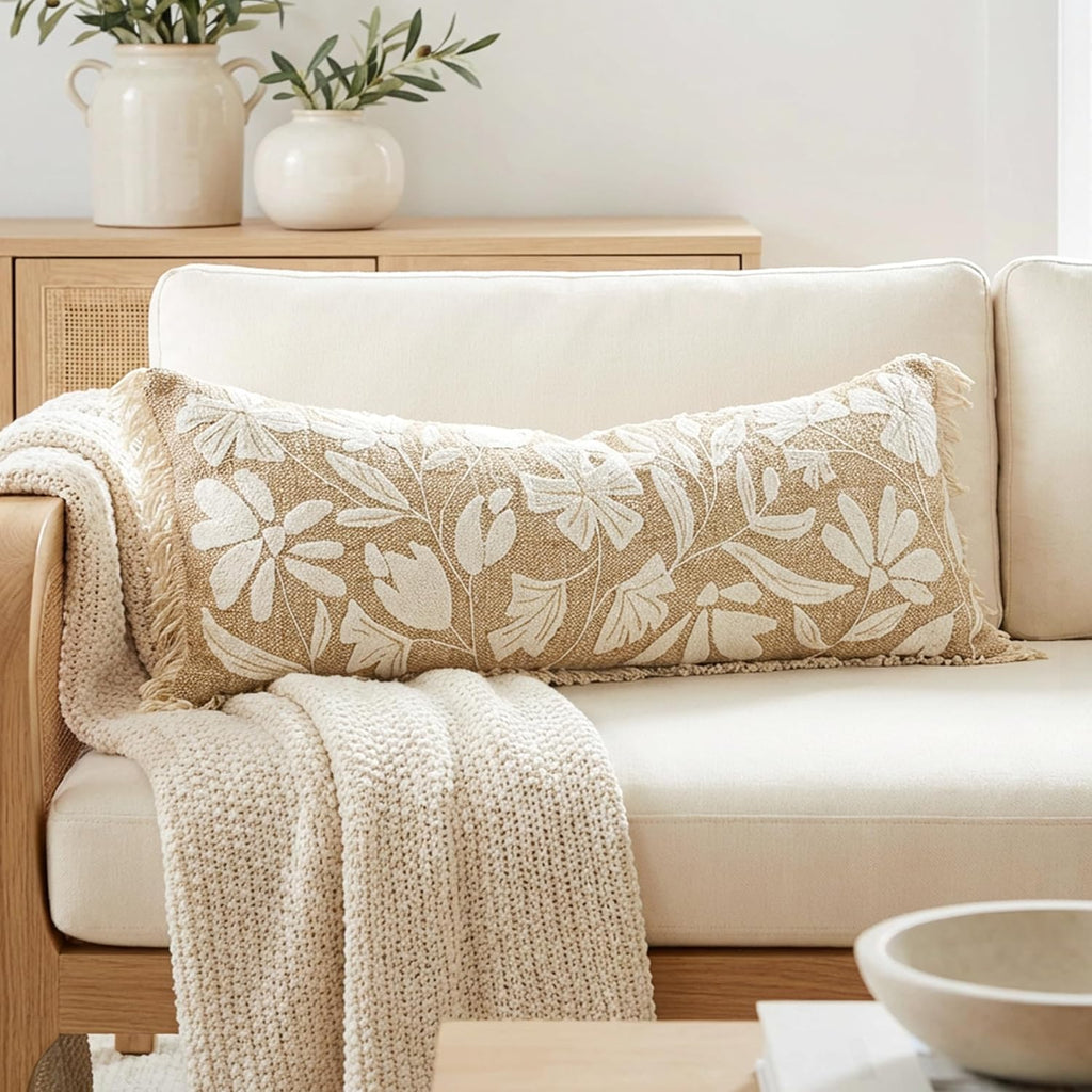 BlissBlush Jute Decorative Spring Long Lumbar Pillow Cover 14x36, Neutral Floral Tufted Body Pillow for Bed, Accent Lumbar Throw Pillow…