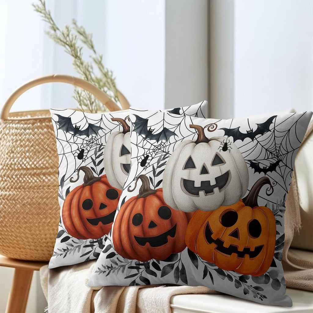 Halloween Pumpkin Throw Pillow Covers 24x24 Inch Pumpkins Jack-O-Lanterns with Black Bat Web Decorative Holiday Pillow Case Cotton Linen…