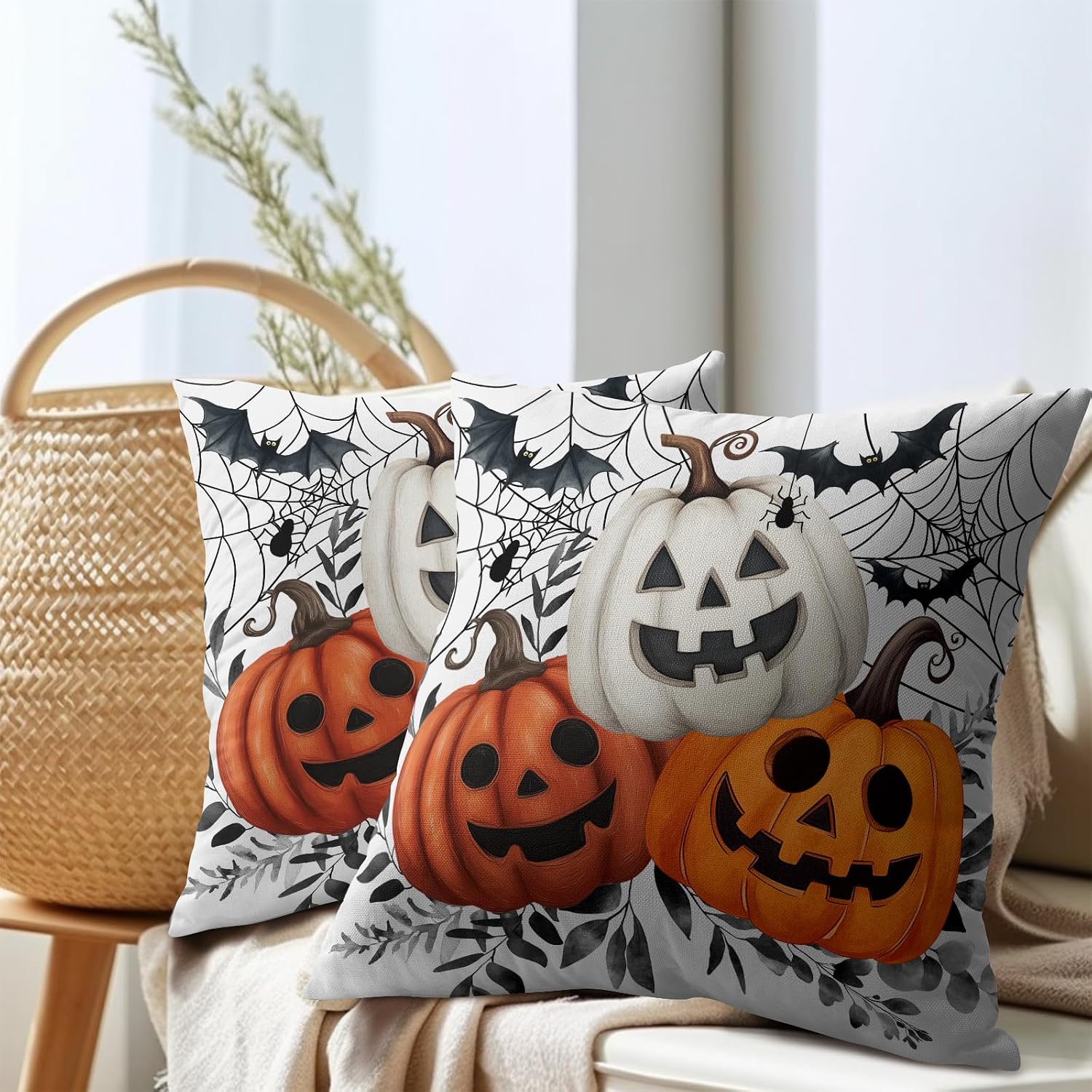 Halloween Pumpkin Throw Pillow Covers 24x24 Inch Pumpkins Jack-O-Lanterns with Black Bat Web Decorative Holiday Pillow Case Cotton Linen…