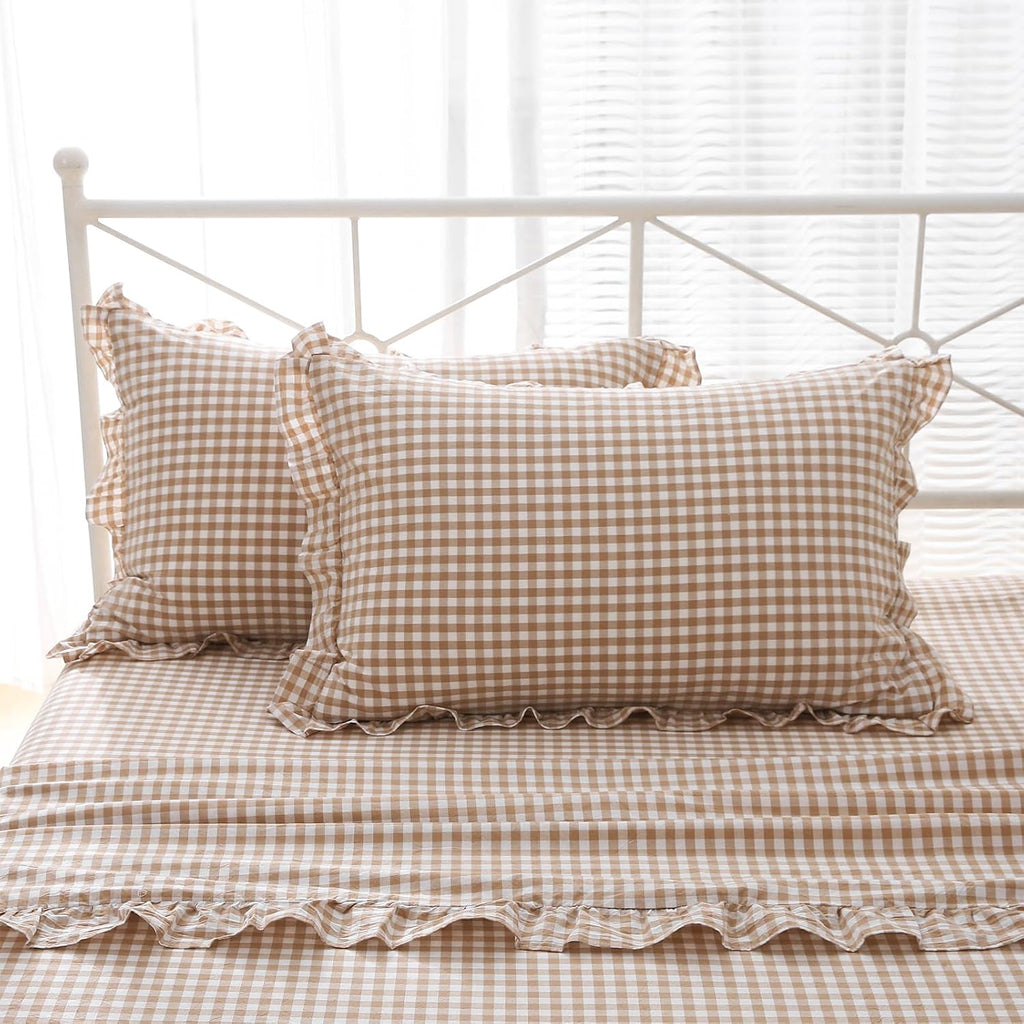 2 Pack Taupe White Plaid Ruffle Gingham King Size Pillow Shams, 100% Yarn-Dyed Washed Cotton Farmhouse Pillow Covers for Bed/Sofa…