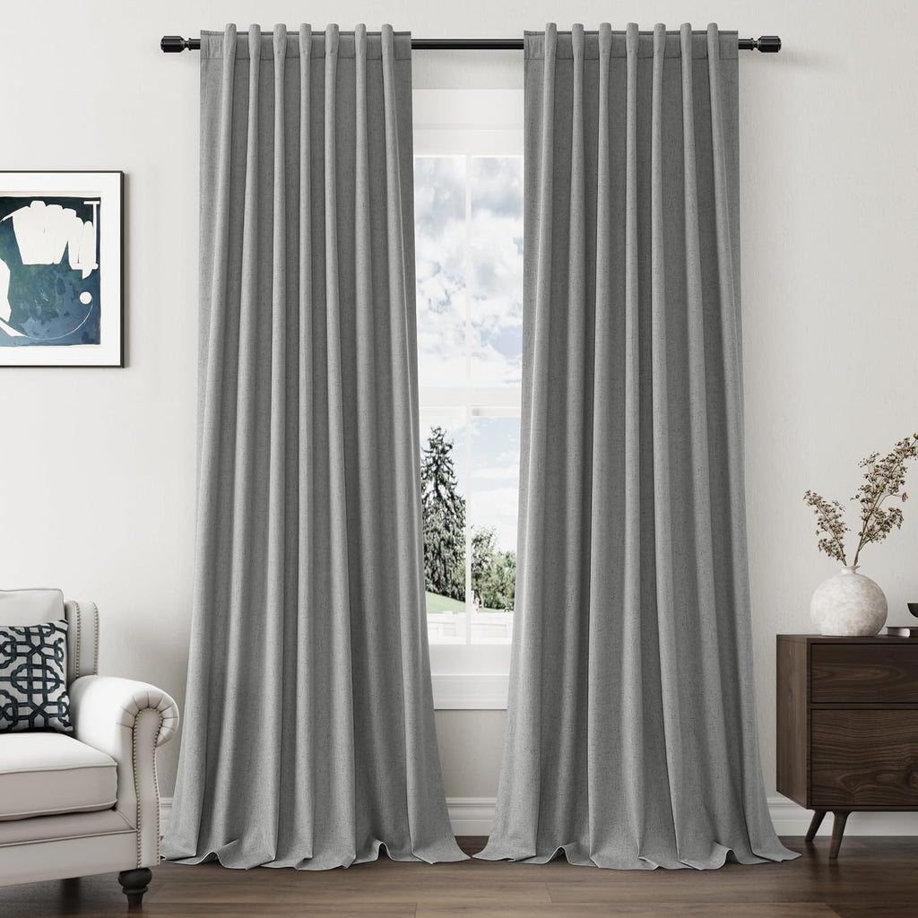 Guken 100% Blackout Linen Curtains 100 Inch Length 2 Panels Set for Living Room Bedroom Back Tab Thermal Insulated Black Out Linen Drapes R…