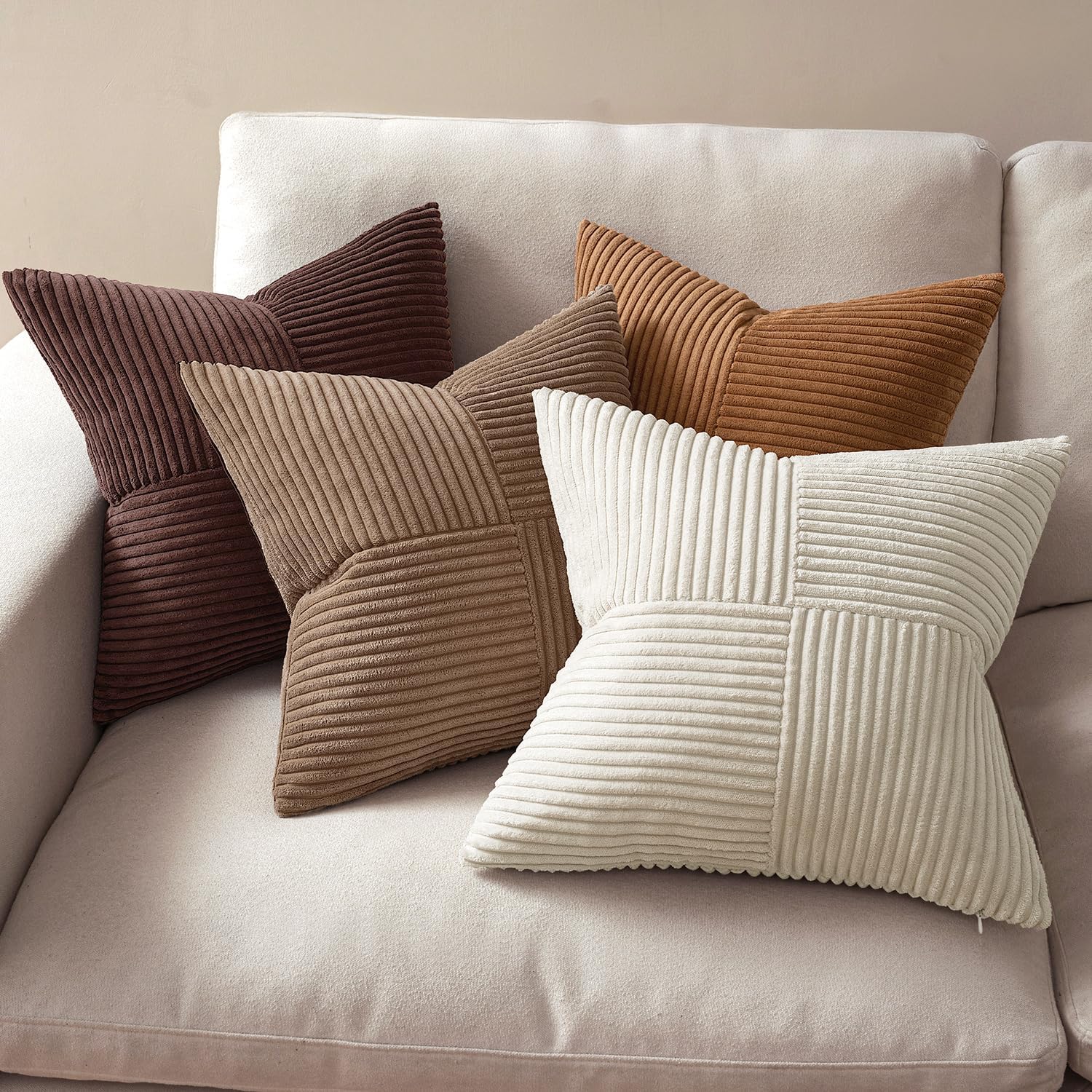 Miulee Brown Throw Pillow Covers 20x20 Inch Set of 4 Boho Farmhouse Cushion Cases Neutral Gradient Corduroy Pillow Cases with Invisible Zip…