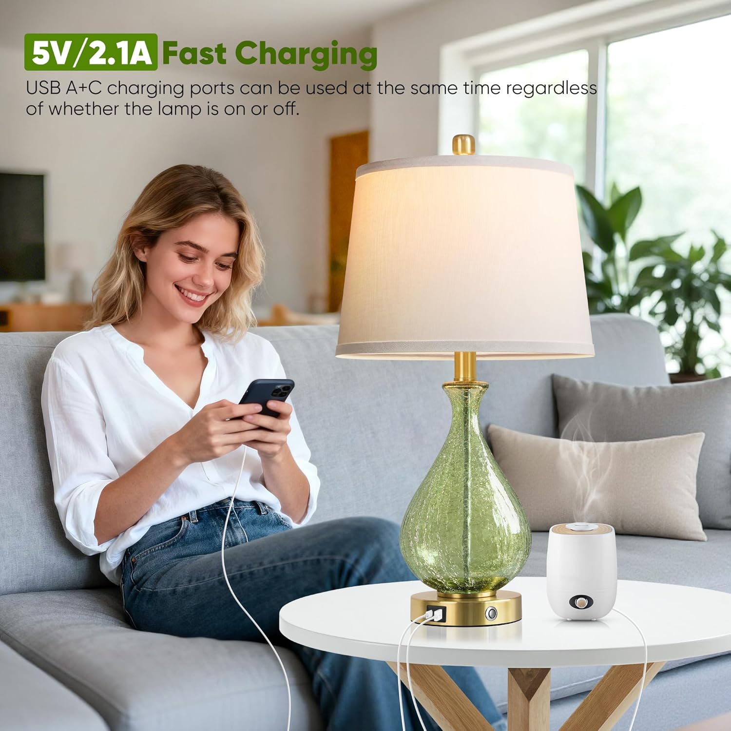 QiMH Green Glass Table Lamps for Living Room, Bedside Lamps Set of 2 with USB A+C Charging Ports, 3 Way Dimmable Touch Lamps for…