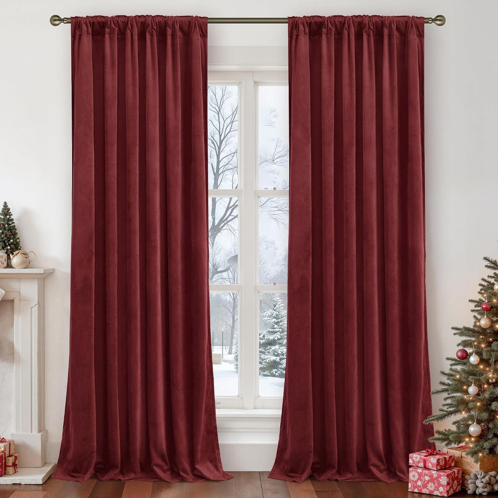 Lamit Burgundy Red Velvet Curtains 84 Inch for Living Room, Vintage Thermal Insulated Panels Christmas Decor Room Darkening Back Tab and Ro…
