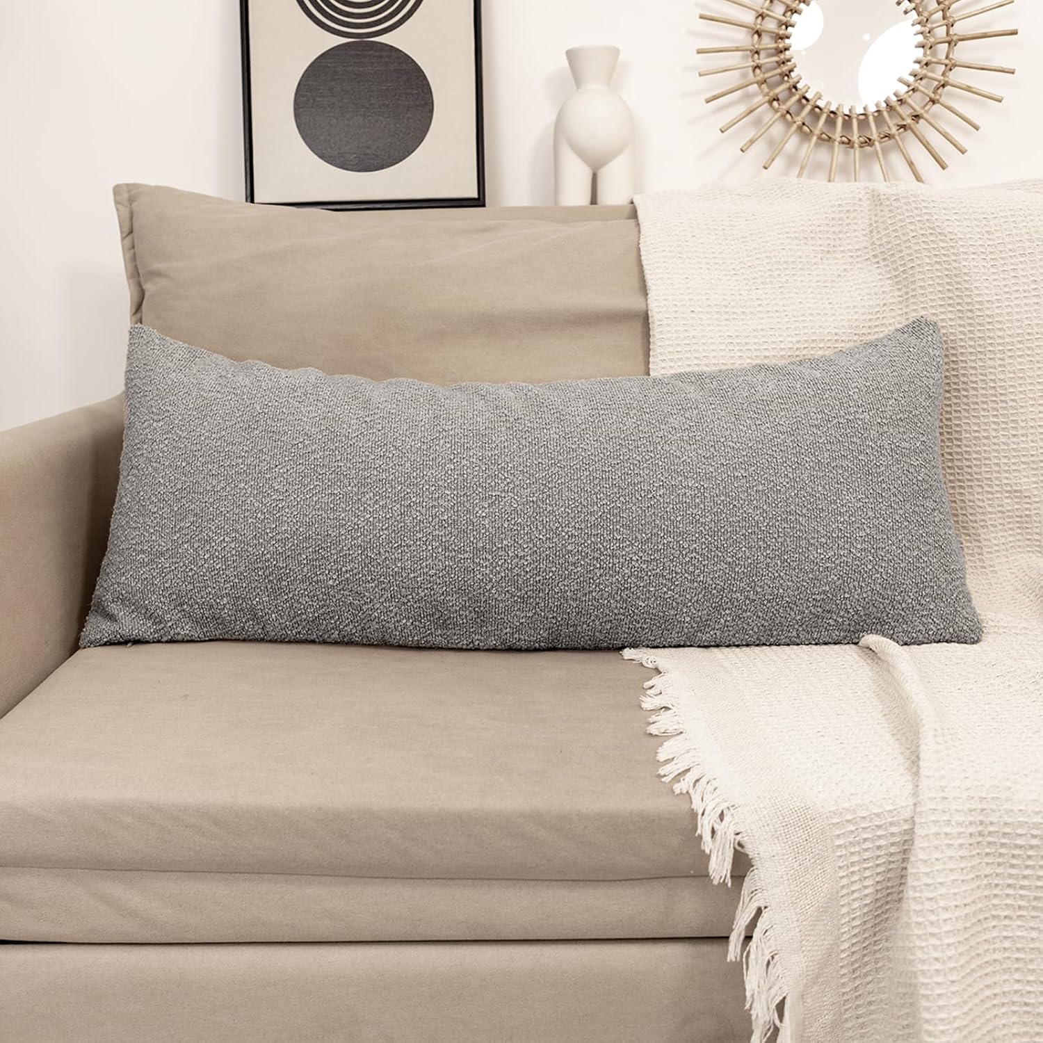 JoraLion 20x54 inch Neutral Boucle Body Pillow Cover, Light Grey Long Pillow Cover Cozy Soft Cushion Case for Couch Sofa Bed Living Room…
