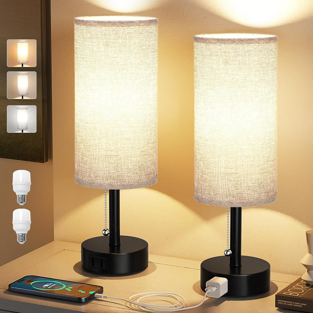 Fenmzee Grey Bedside Table Lamps Set of 2-3 Color Temperatures Pull Chain Lamp with AC Outlet Charging Port, Round Night Stand Lamps for…