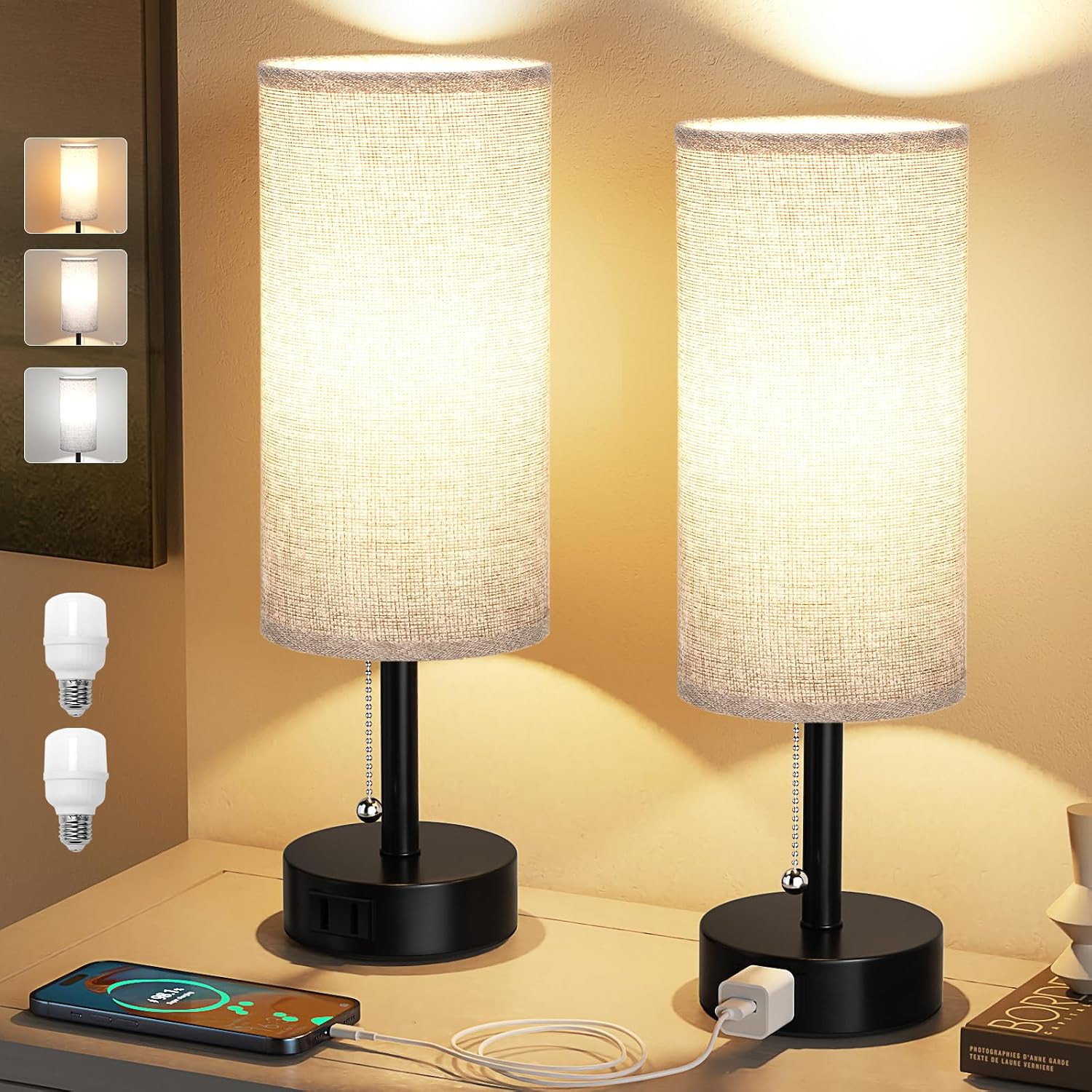Fenmzee Grey Bedside Table Lamps Set of 2-3 Color Temperatures Pull Chain Lamp with AC Outlet Charging Port, Round Night Stand Lamps for…