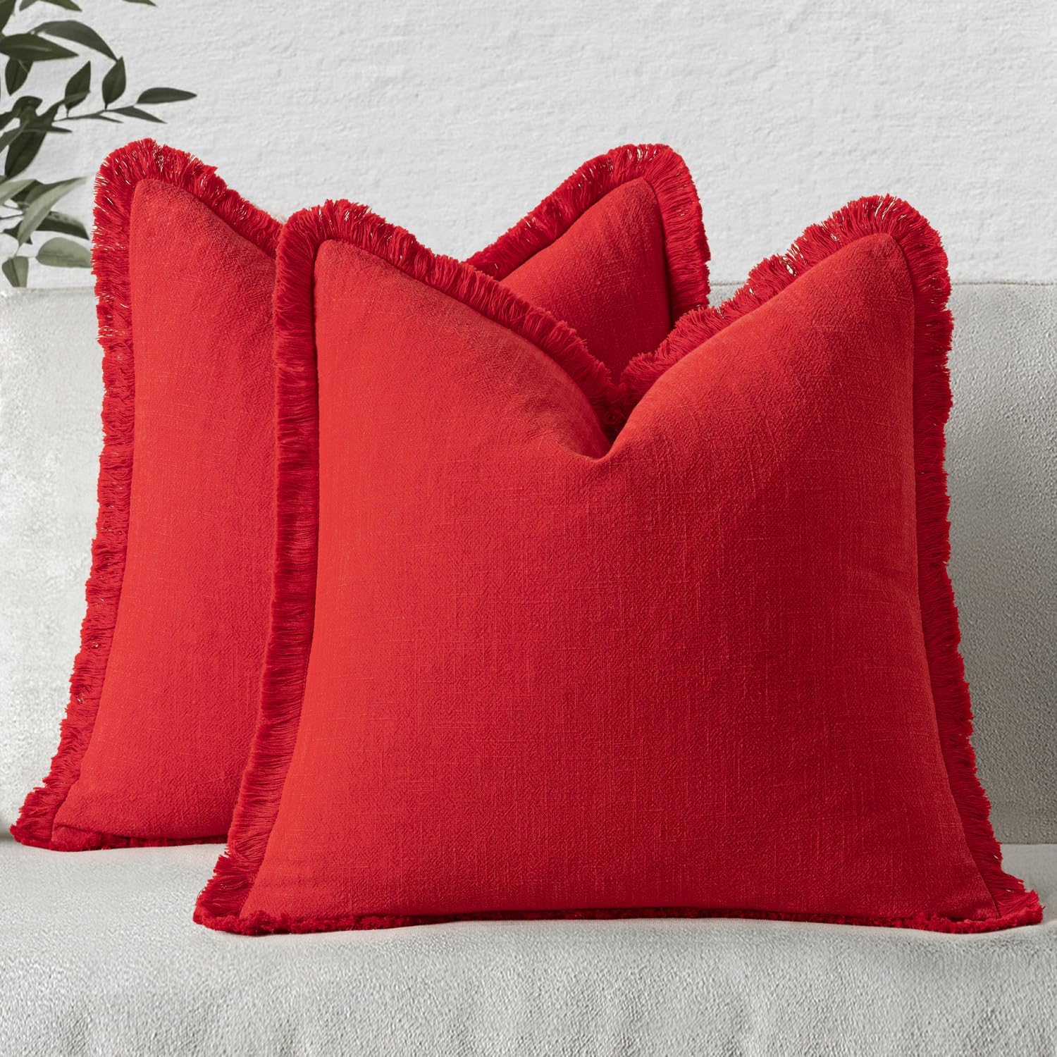 Miulee Decorative Throw Pillow Covers Neutral Linen Fringe Throw Pillows Set of 2 Red Boho Farmhouse Cushion Covers with Tassels for Couch…