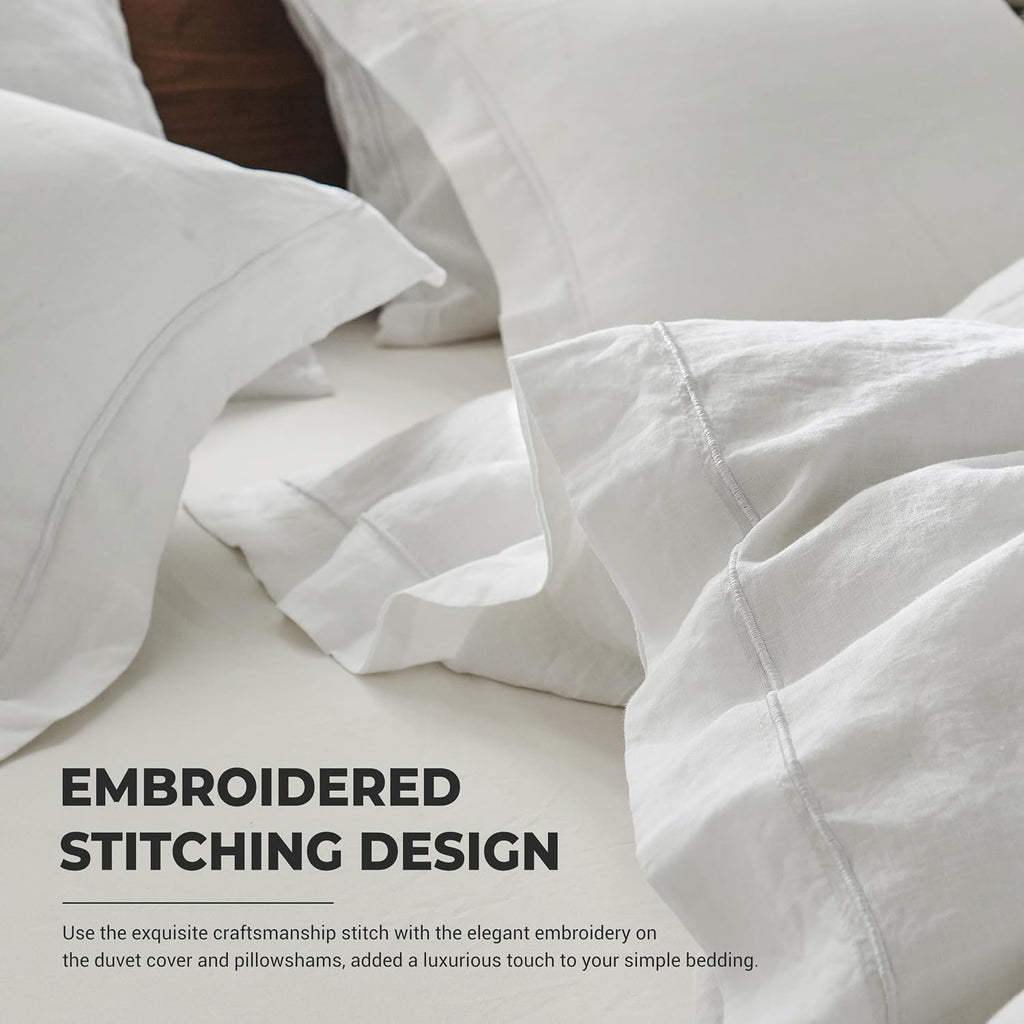 Simple&Opulence 100% Washed Linen Duvet Cover with Embroidered,3 Pieces Soft Farmhouse Comforter Set with Button Closure,1 D…