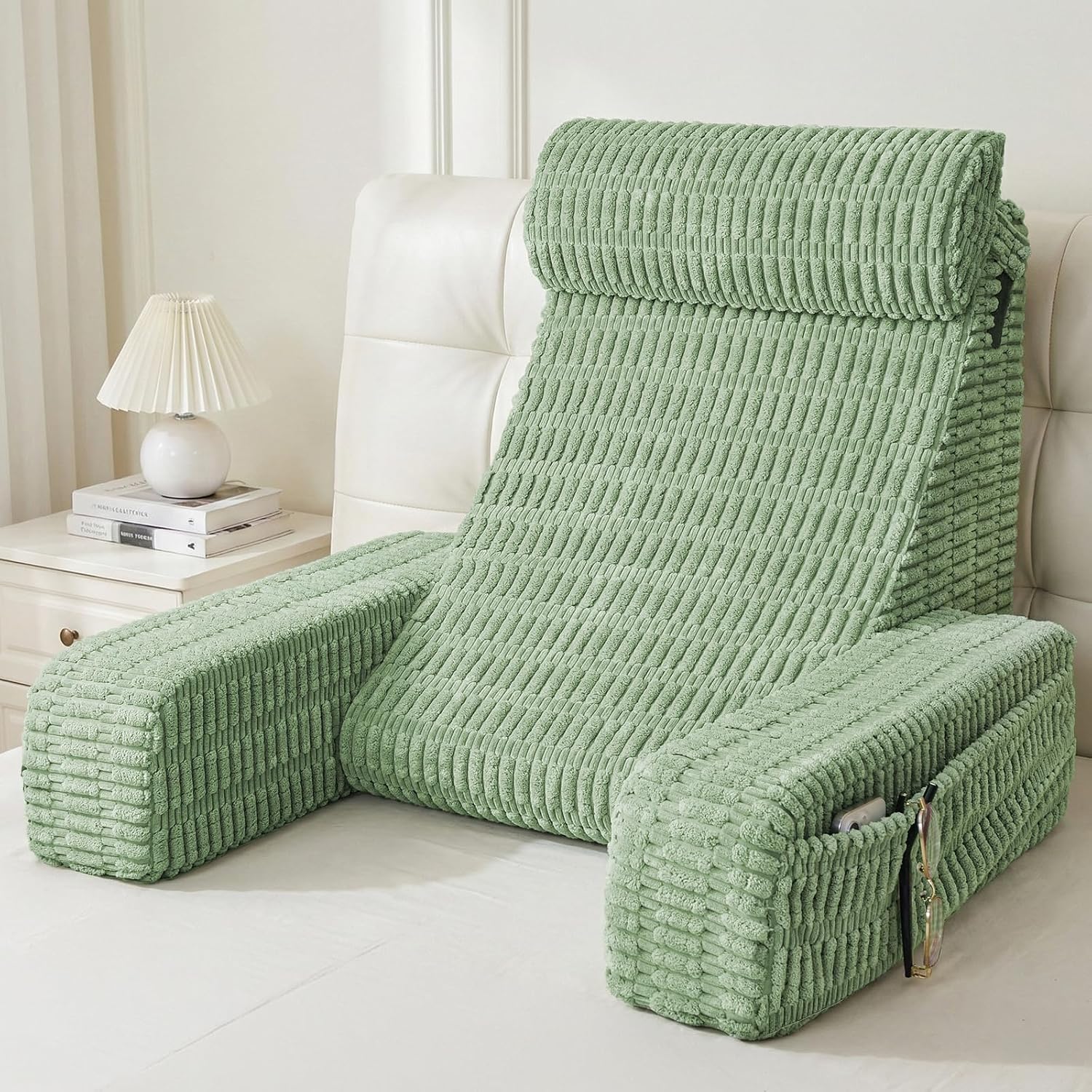 21" Reading Pillow for Bed Sitting Up, Back Support Pillow with Built-in Arms & Large Pockets, Washable Cover, Sage Green