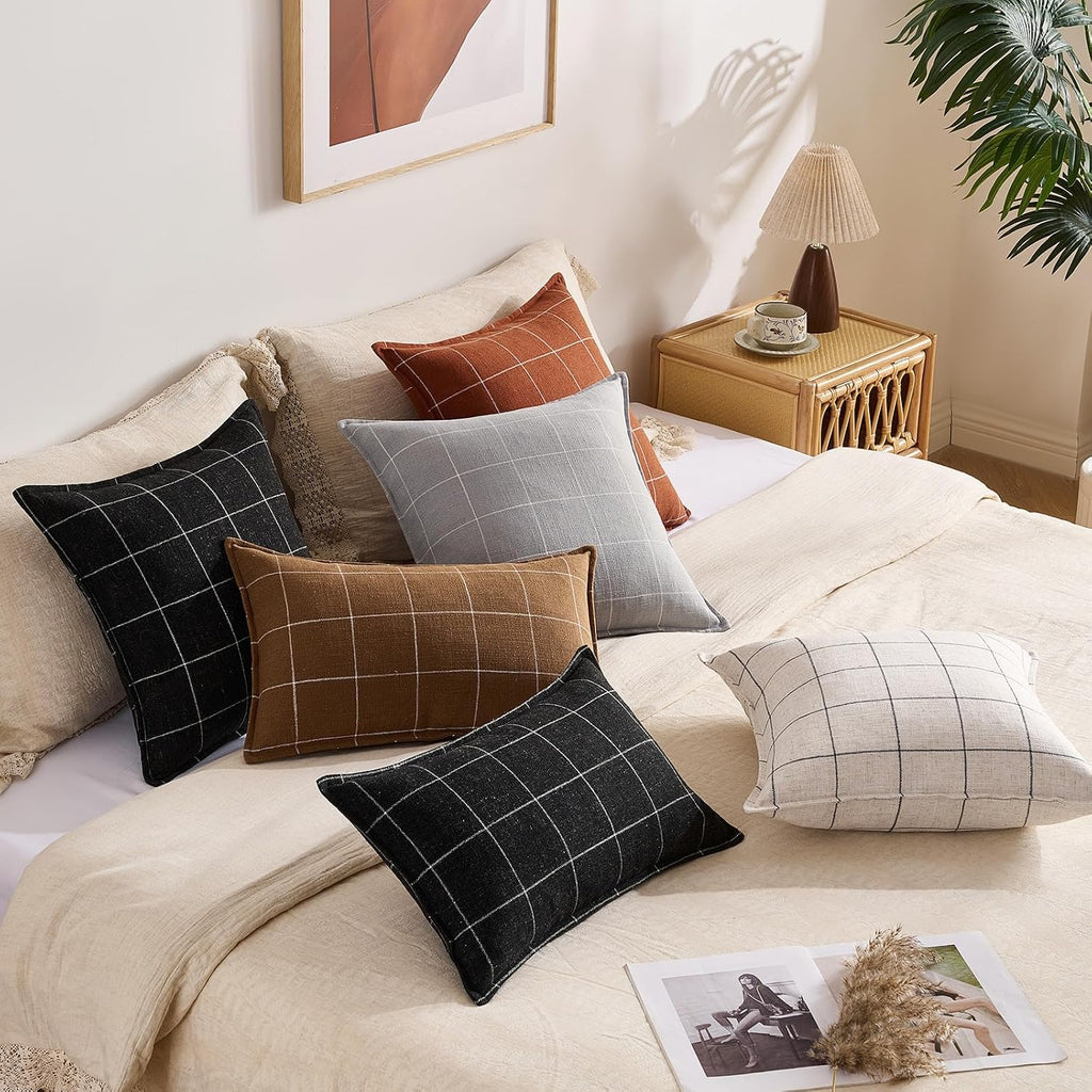 White Farmhouse Decorative Throw Pillow Covers 24x24 Set of 2, Linen Checkered Neutral Throw Pillows 24 x 24, White Windowpane Minimalist…