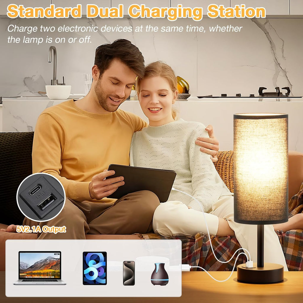 Dicoool Black Touch Bedroom Lamp with USB - 3 Way Dimmable Table Lamp for Bedroom, Nightstand Lamp with Black Charging Station for Desk…