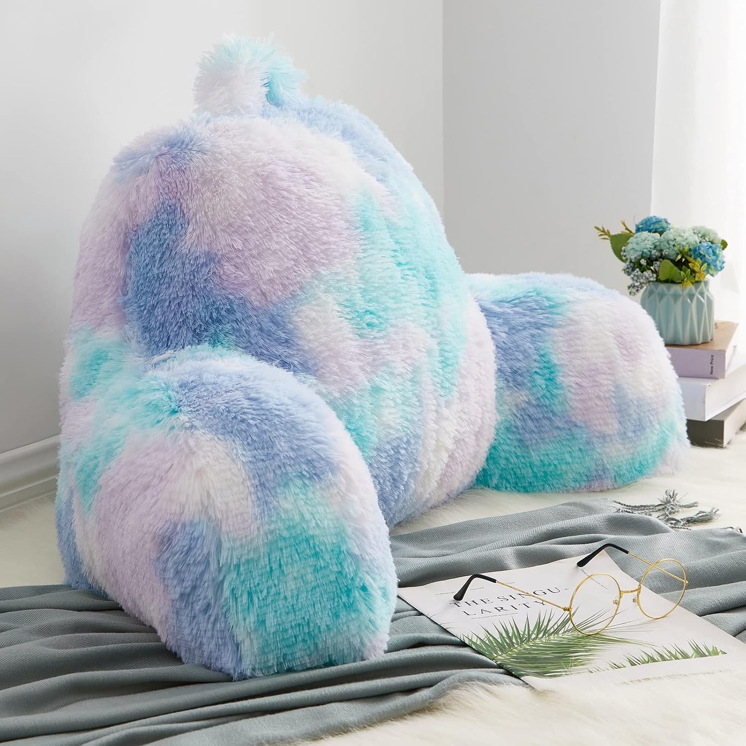 Bedriping Reading Pillow for Bed Adult - Faux Fur Backrest Pillow with Arms, Ergonomic Back Rest Pillow for Sitting Up in Bed, Extra Fluffy…