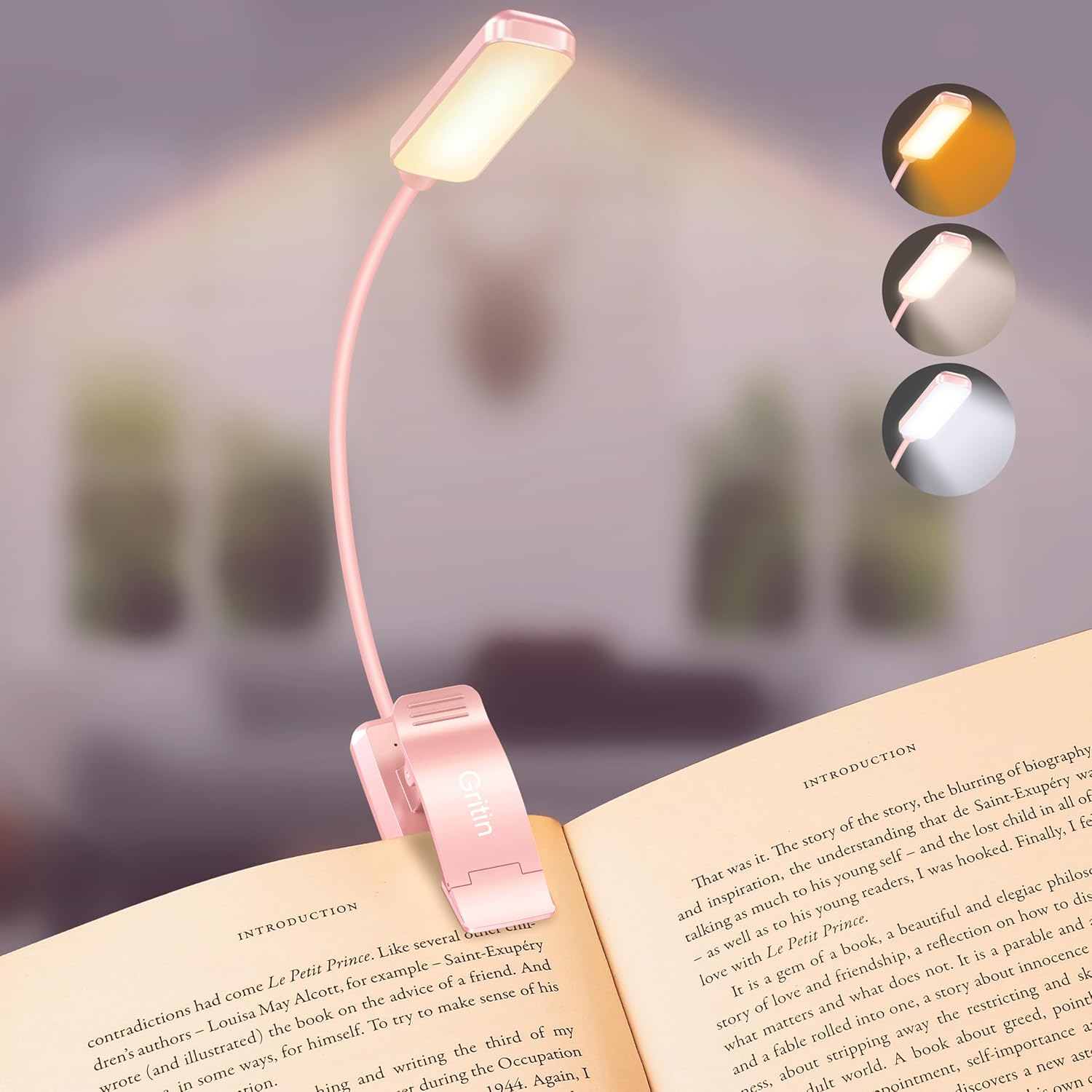 Gritin 9 LED Rechargeable Book Light for Reading in Bed - Eye Caring 3 Color Temperatures, Stepless Dimming Brightness,80 Hrs Runtime…