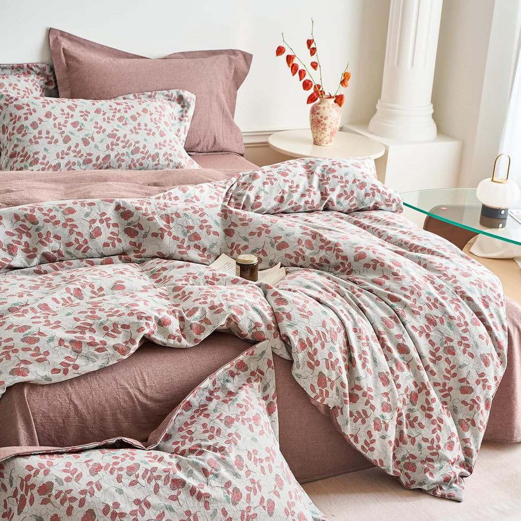 mixinni 100% Washed Cotton Duvet Cover Set, Reversible Vintage Floral Jacquard Textured Comforter Cover, Boho Farmhouse Bedding Set with Zi…