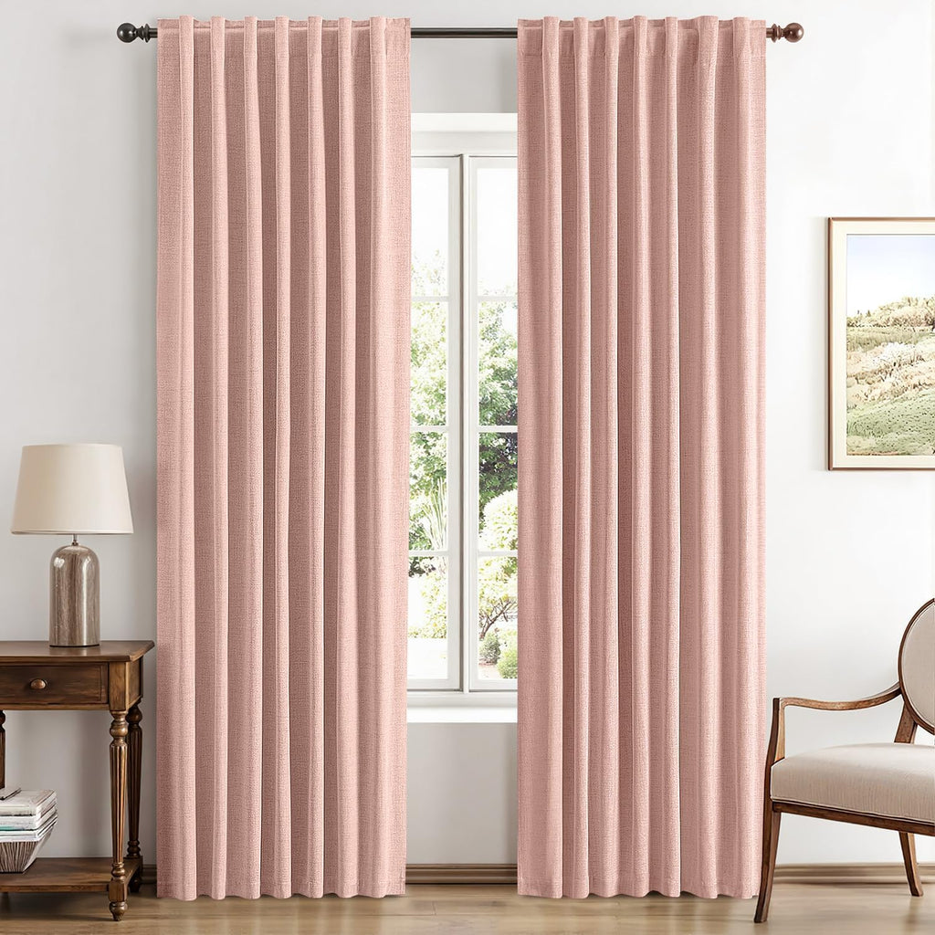 Miulee 100% Blackout Linen Curtains for Bedroom, Blush Pink Solid Luxury Decor Thermal Insulation Room Darkening Drapes for Living Room Nur…